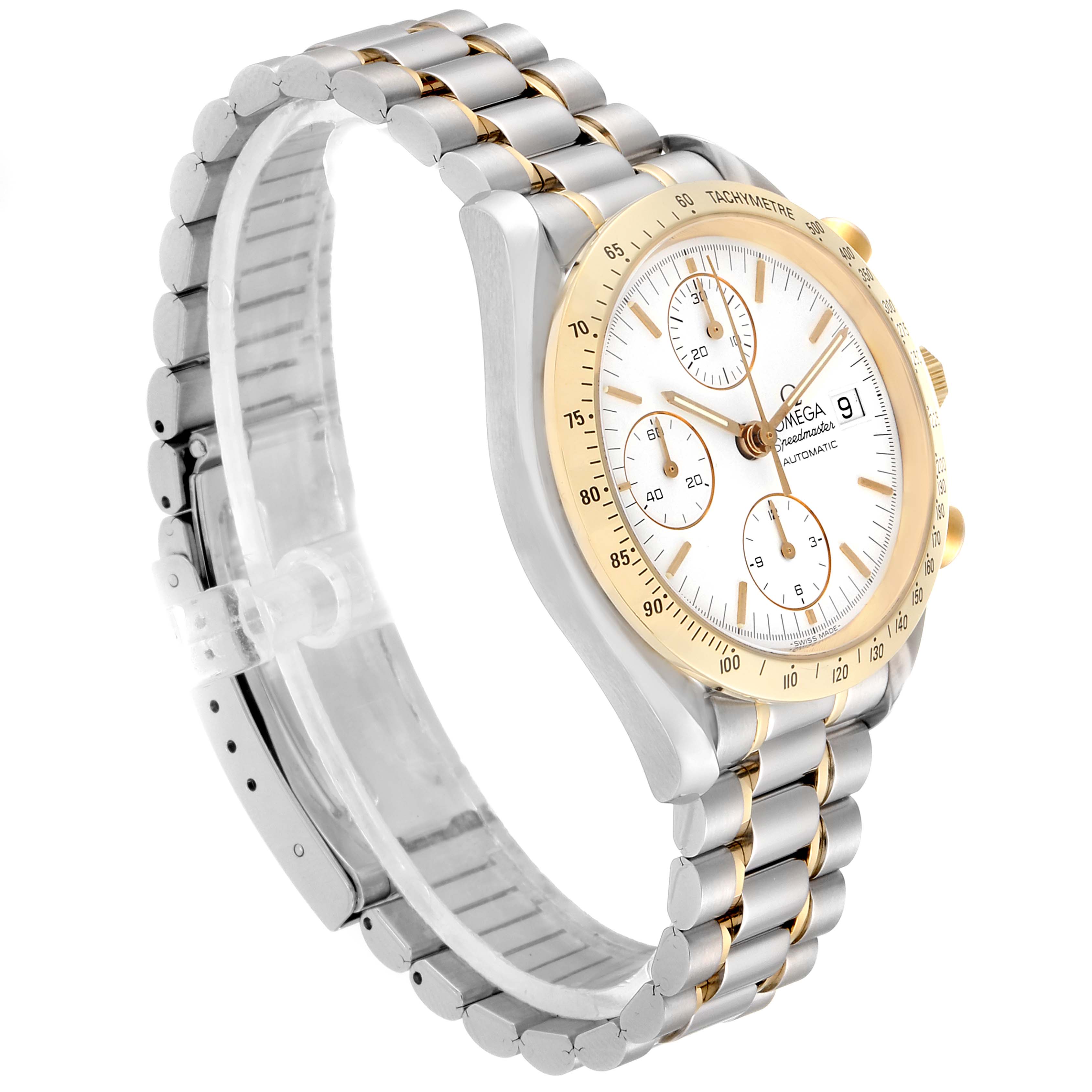 The Omega Speedmaster 3311.20.00 Men's Steel and Gold (two tone) White Dial 3311.20.00 Men's Steel and Gold (two tone) White Dial watch is shown at an angled side view, highlighting the face, bezel, and bracelet.