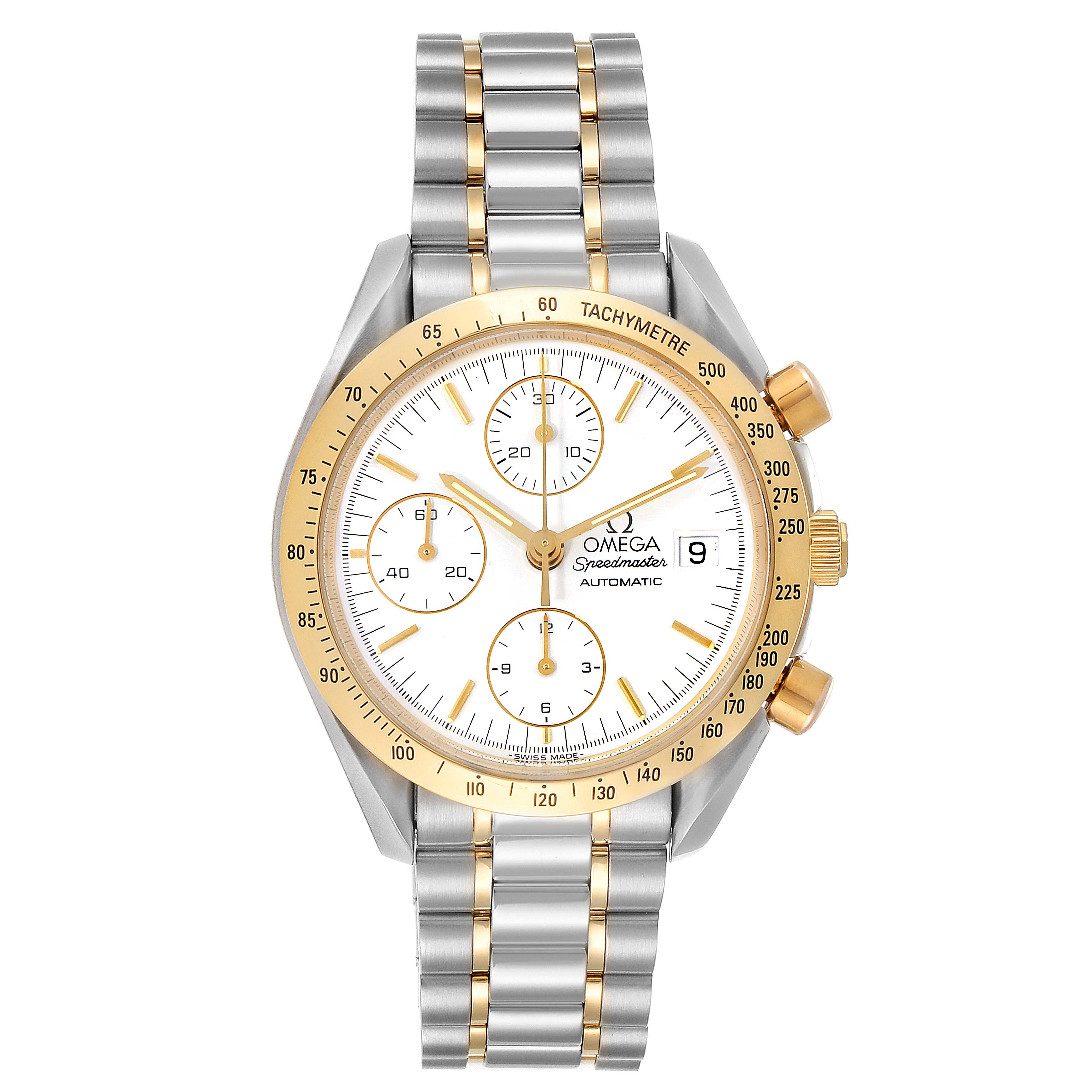 The Omega Speedmaster 3311.20.00 Men's Steel and Gold (two tone) White Dial 3311.20.00 Men's Steel and Gold (two tone) White Dial watch is shown from the front, displaying the dial, bezel, chronograph subdials, and bracelet.