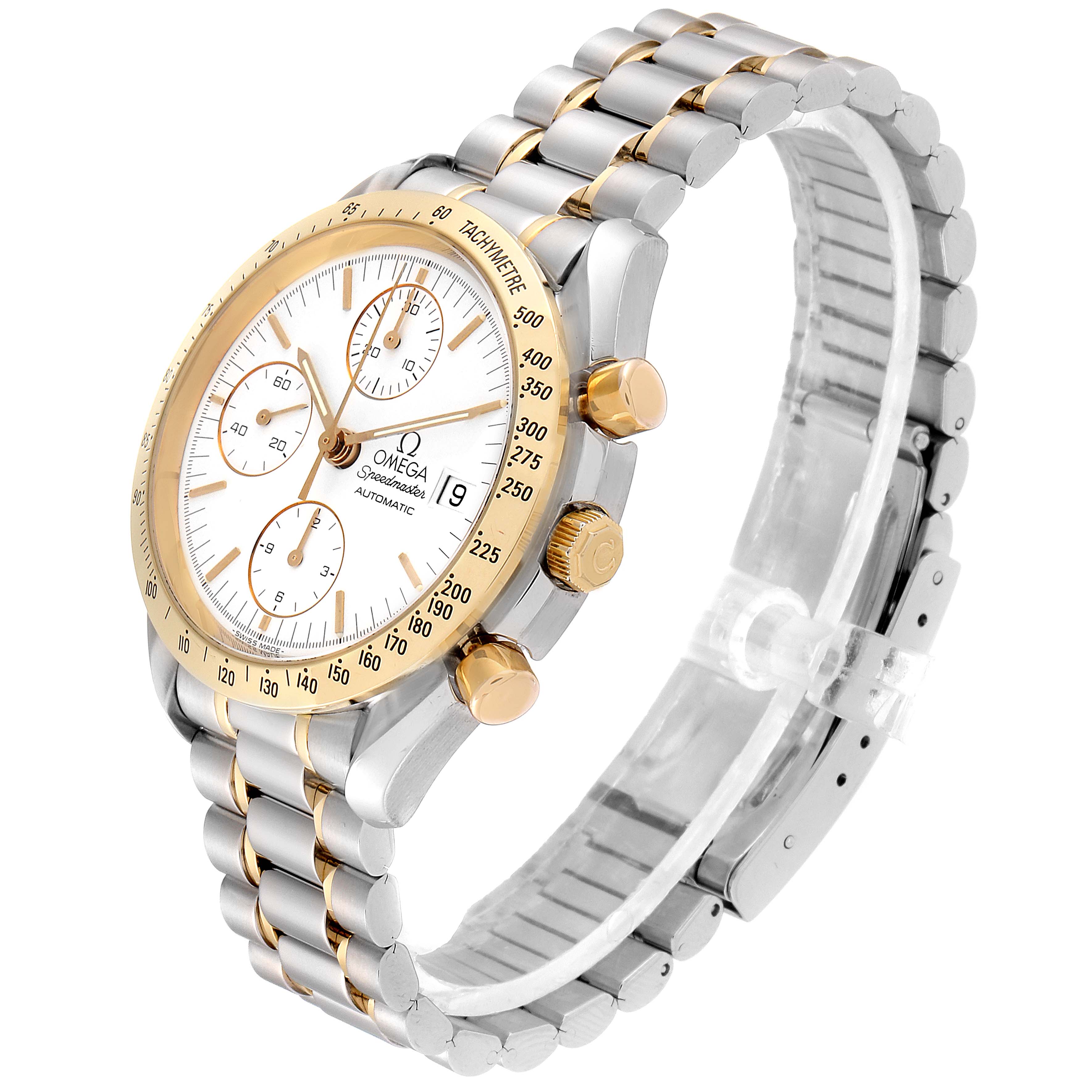 This image shows an Omega Speedmaster 3311.20.00 Men's Steel and Gold (two tone) White Dial 3311.20.00 Men's Steel and Gold (two tone) White Dial watch at a three-quarter angle, highlighting its dial, bezel, crown, and bracelet.
