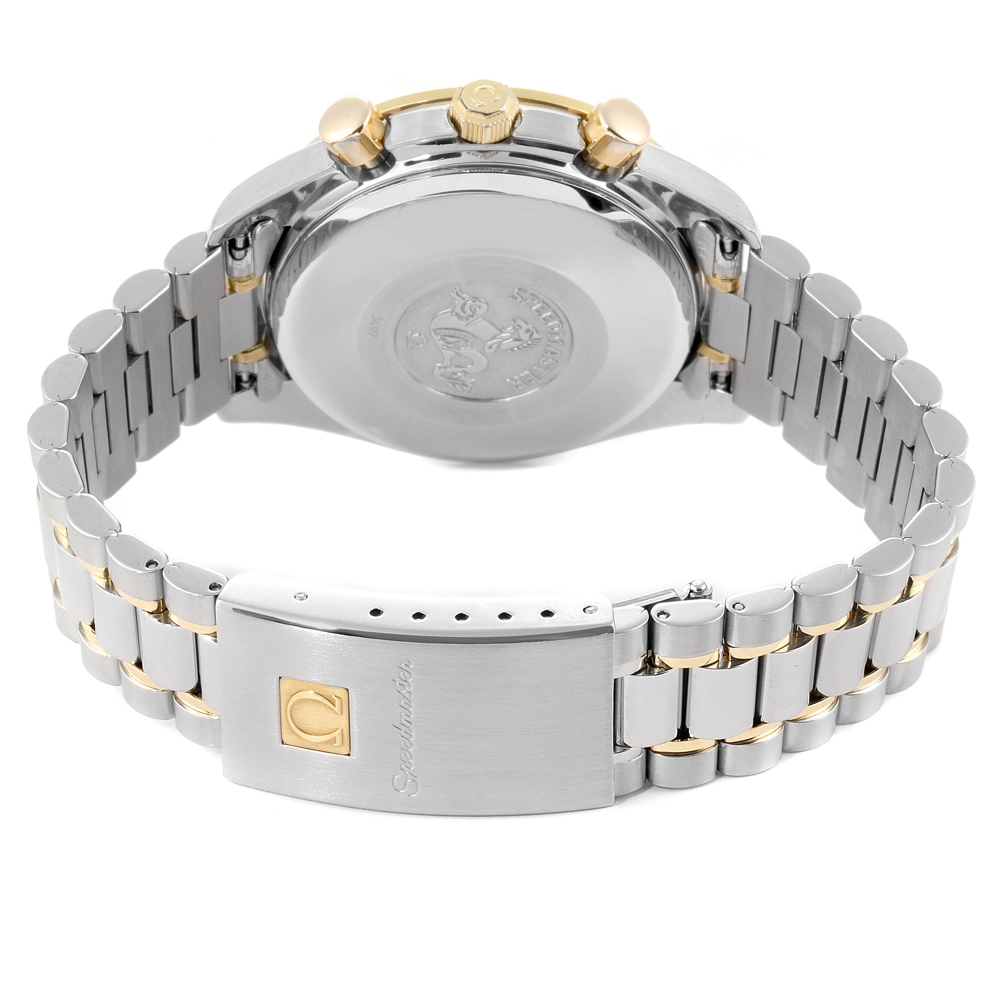 The image shows the back and bracelet of an Omega Speedmaster 3311.20.00 Men's Steel and Gold (two tone) White Dial 3311.20.00 Men's Steel and Gold (two tone) White Dial watch, highlighting the clasp and case back.