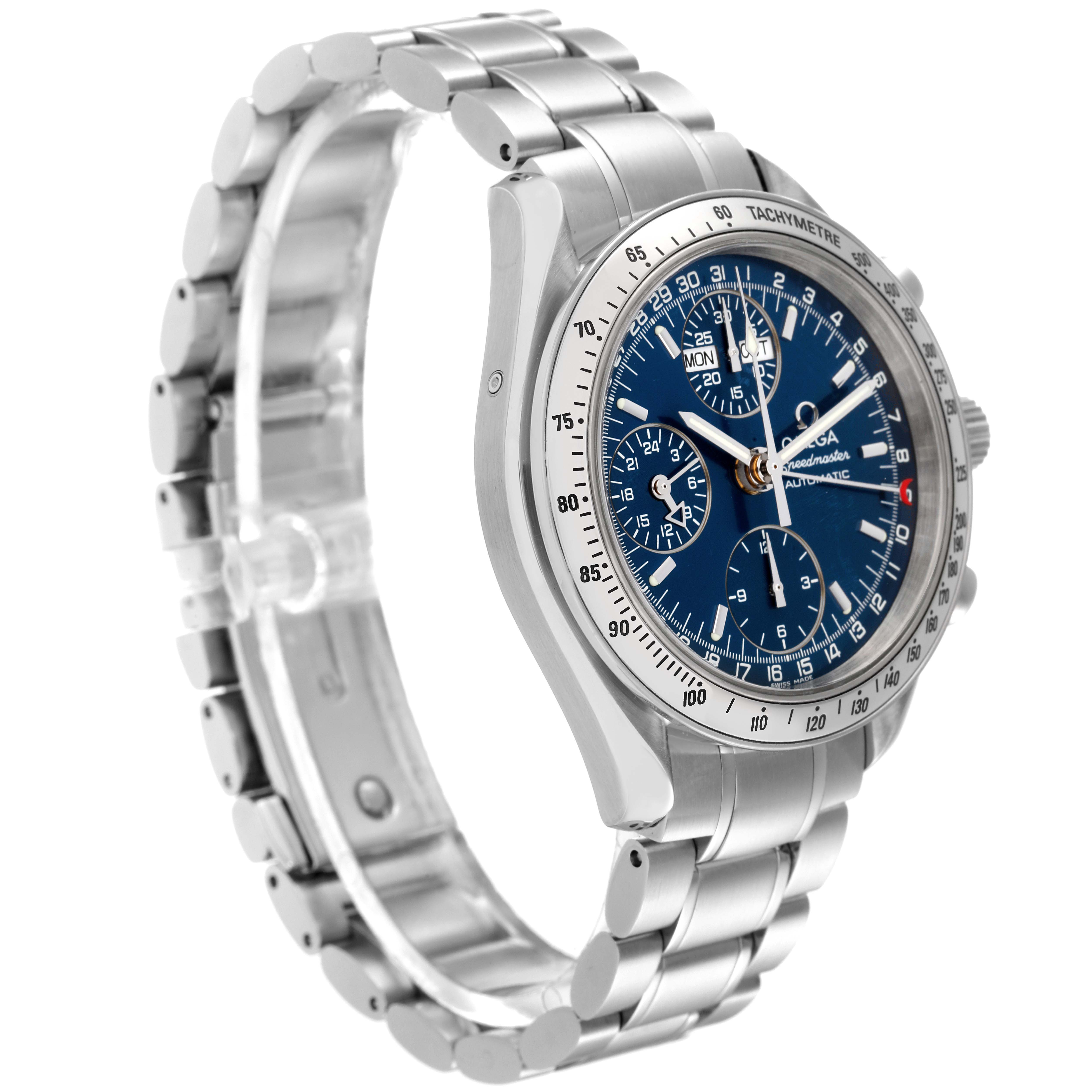 The image shows an angled view of an Omega Speedmaster 3523.80.00 Men's Stainless Steel Blue Dial 3523.80.00 Men's Stainless Steel Blue Dial watch, highlighting the face, case, and metal bracelet.