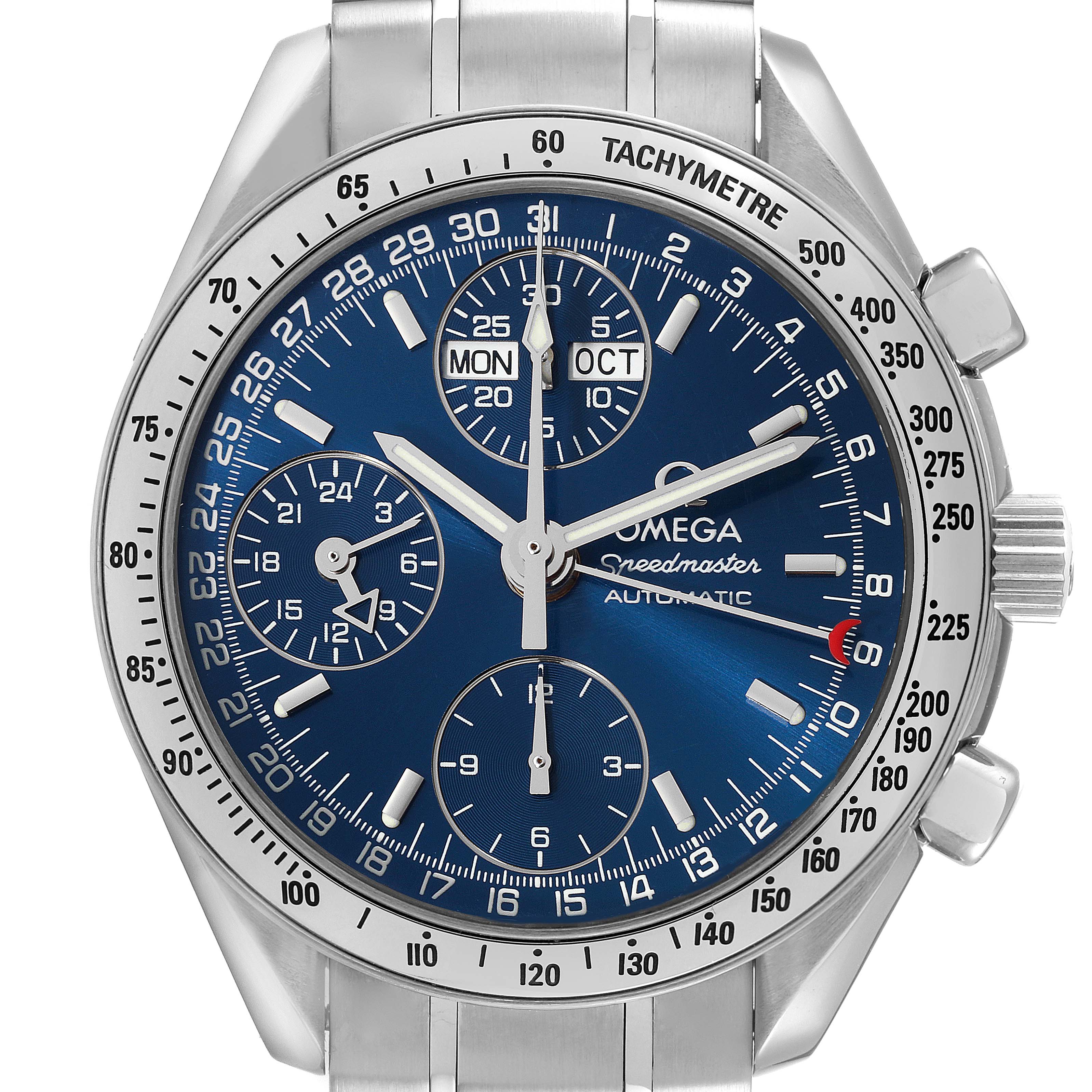 The image shows a front view of an Omega Speedmaster 3523.80.00 Men's Stainless Steel Blue Dial 3523.80.00 Men's Stainless Steel Blue Dial watch displaying the dial, hands, subdials, and part of the steel bracelet.