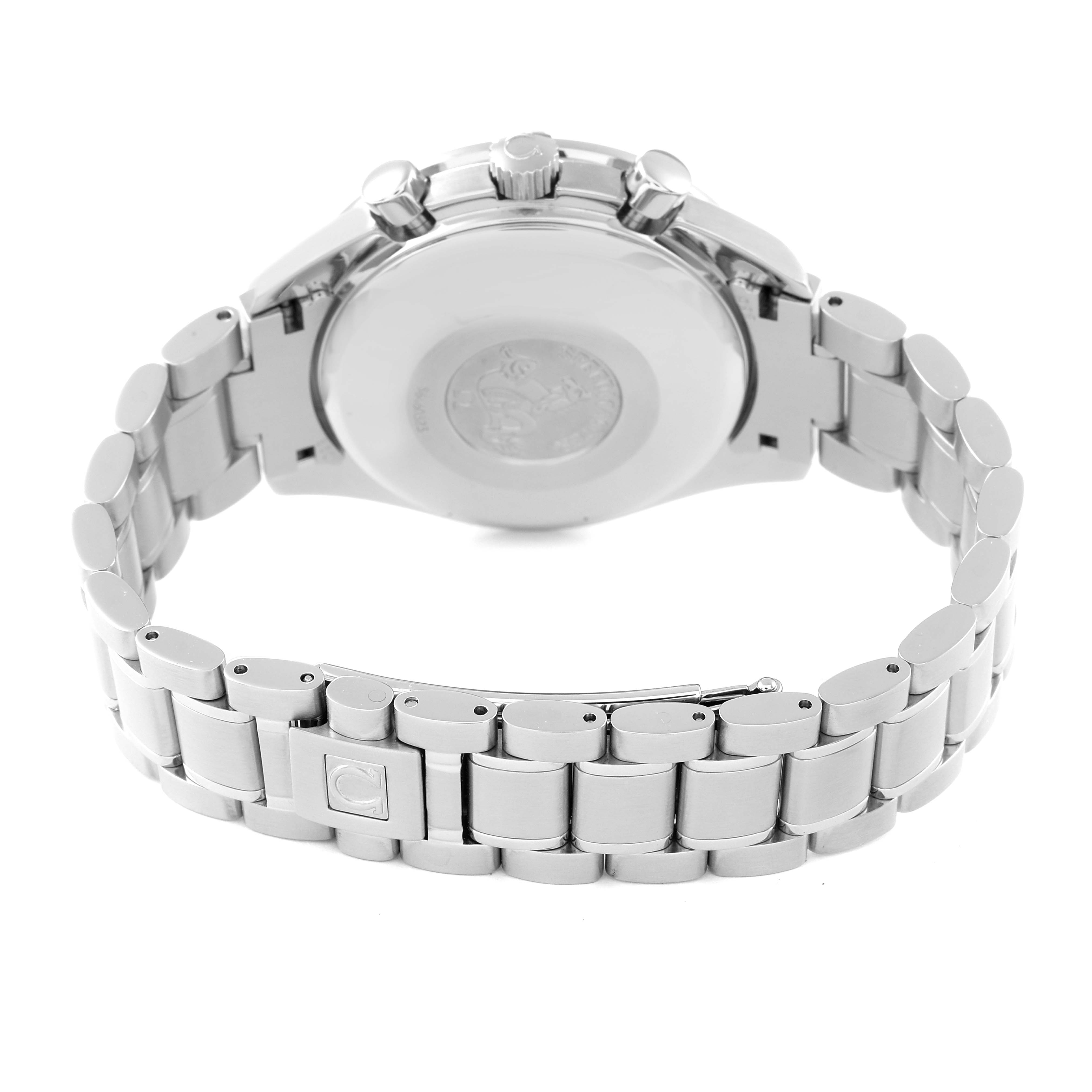 The image shows the back angle of the Omega Speedmaster 3523.80.00 Men's Stainless Steel Blue Dial 3523.80.00 Men's Stainless Steel Blue Dial watch, displaying its case back and stainless steel bracelet.