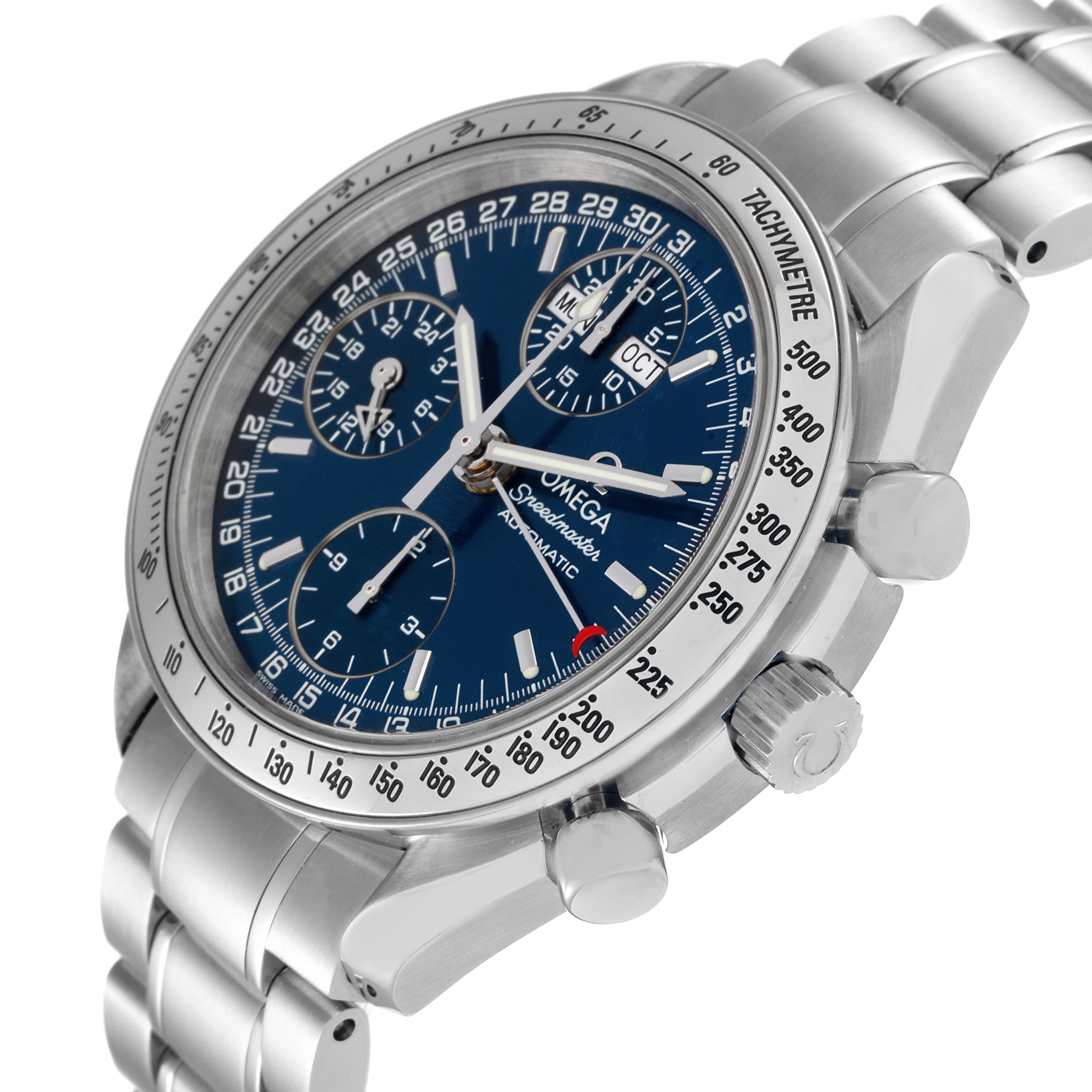 This image shows an angled view of an Omega Speedmaster 3523.80.00 Men's Stainless Steel Blue Dial 3523.80.00 Men's Stainless Steel Blue Dial watch displaying the face, bezel, and part of the metal bracelet.