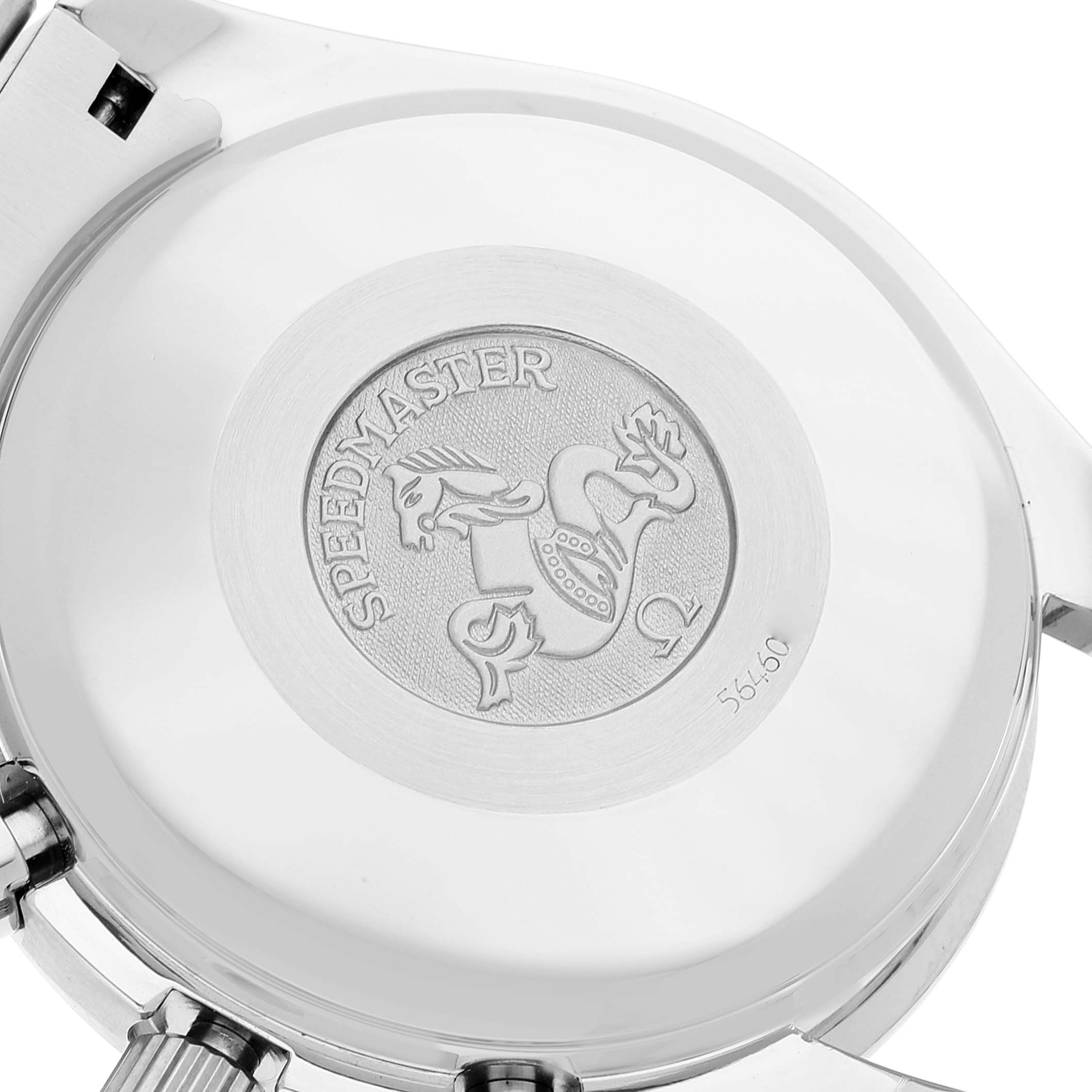 This image shows the engraved case back of an Omega Speedmaster 3523.80.00 Men's Stainless Steel Blue Dial 3523.80.00 Men's Stainless Steel Blue Dial watch, highlighting the model name and emblem.