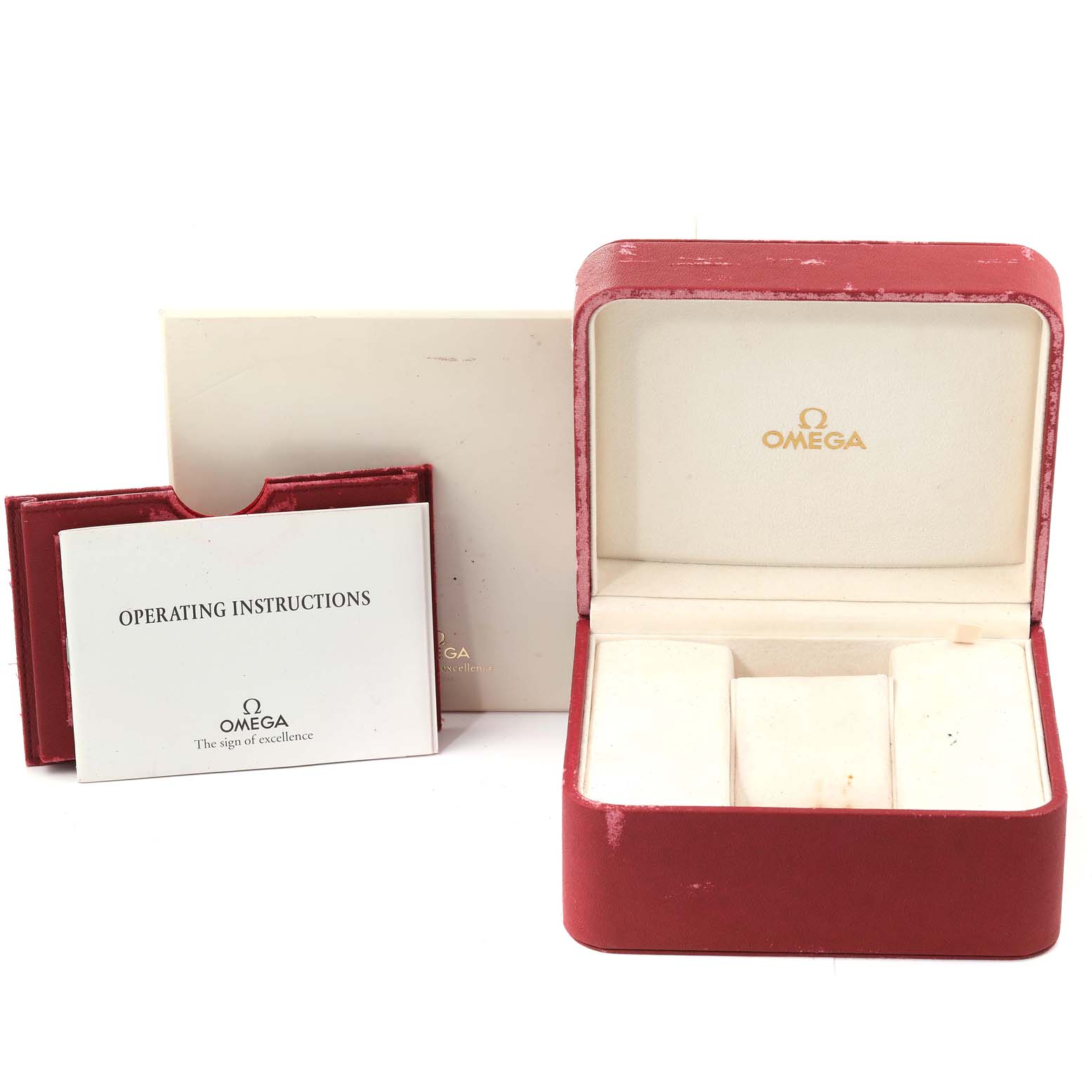 The image shows the open case, operating instructions, and outer box for an Omega Speedmaster 3523.80.00 Men's Stainless Steel Blue Dial 3523.80.00 Men's Stainless Steel Blue Dial watch.