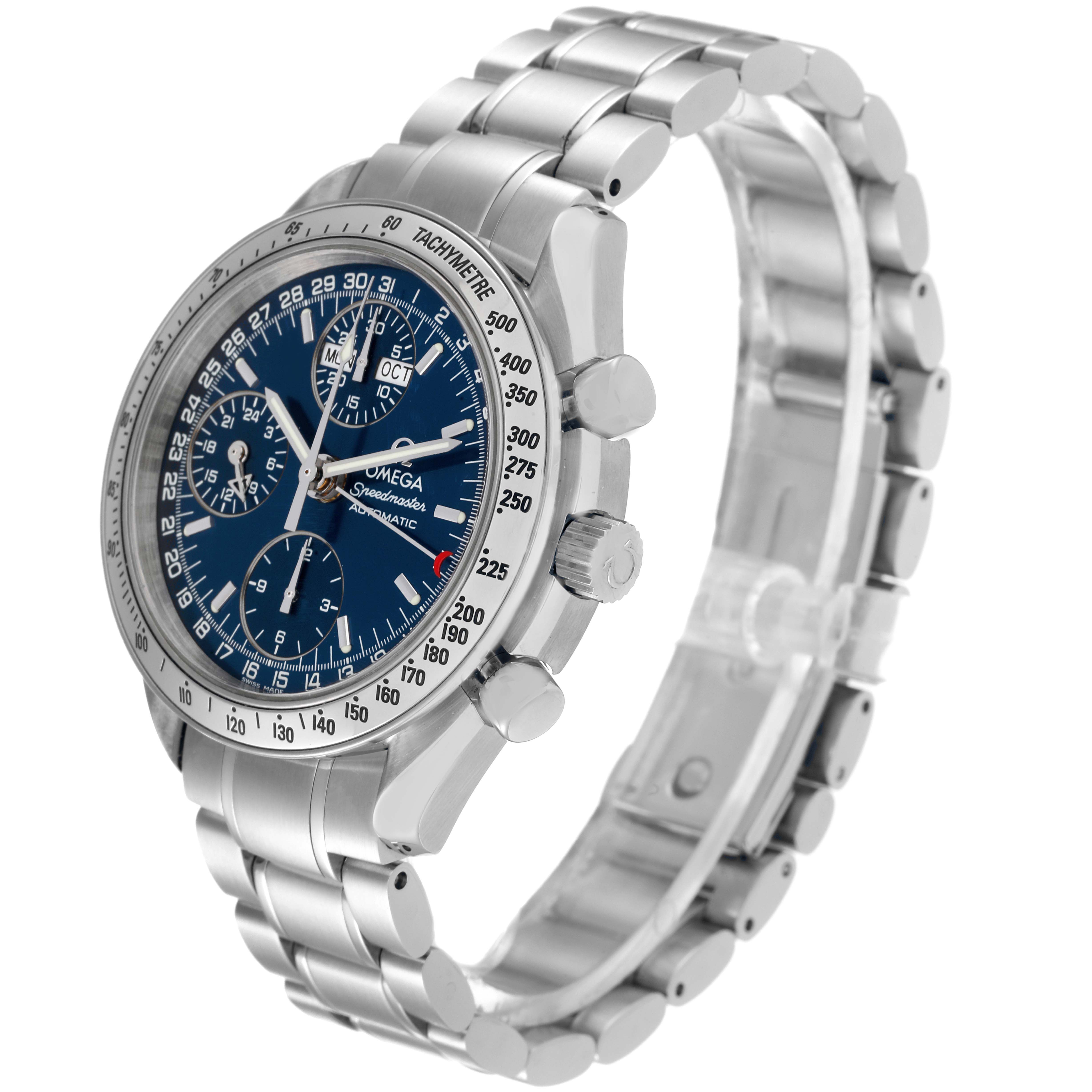 The Omega Speedmaster 3523.80.00 Men's Stainless Steel Blue Dial 3523.80.00 Men's Stainless Steel Blue Dial watch is shown at a three-quarter angle, displaying the face, bezel, pushers, and metal bracelet.