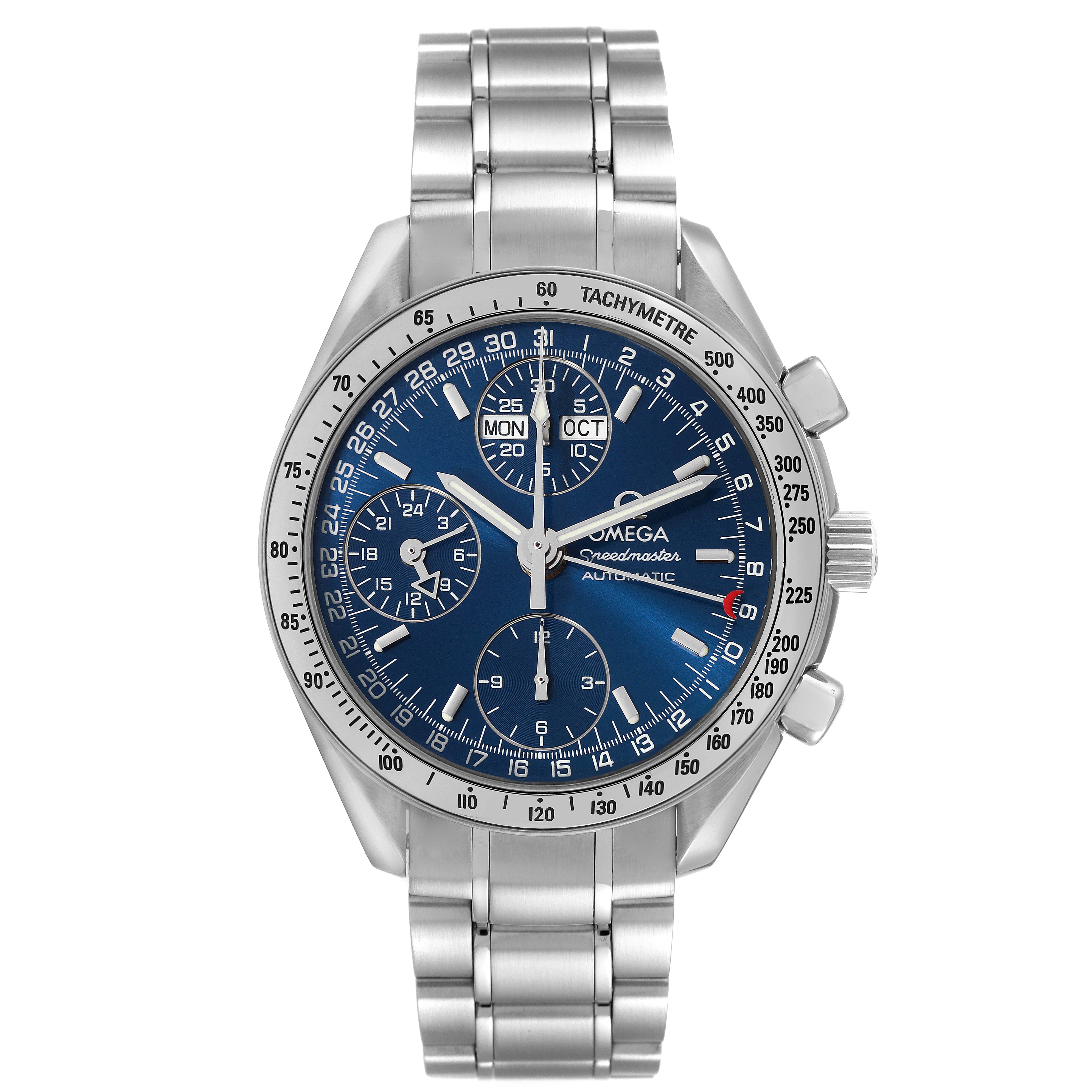 The Omega Speedmaster 3523.80.00 Men's Stainless Steel Blue Dial 3523.80.00 Men's Stainless Steel Blue Dial watch is shown from a front view, featuring its blue dial, stainless steel bracelet, and tachymeter bezel.
