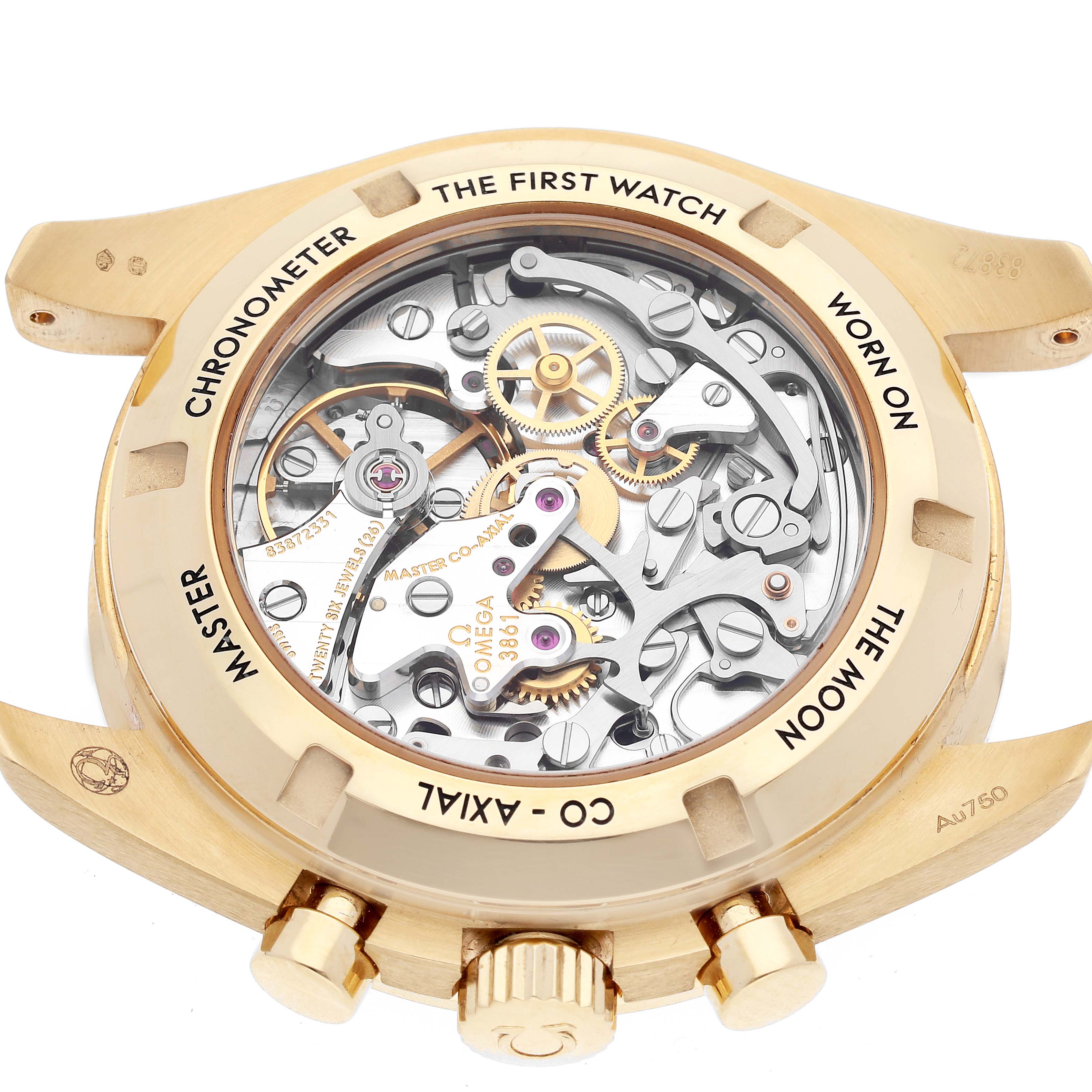 The image shows the back case of the Omega Speedmaster 310.63.42.50.10.001 Men's Yellow Gold Green Dial 310.63.42.50.10.001 Men's Yellow Gold Green Dial watch, revealing the intricate internal mechanism.