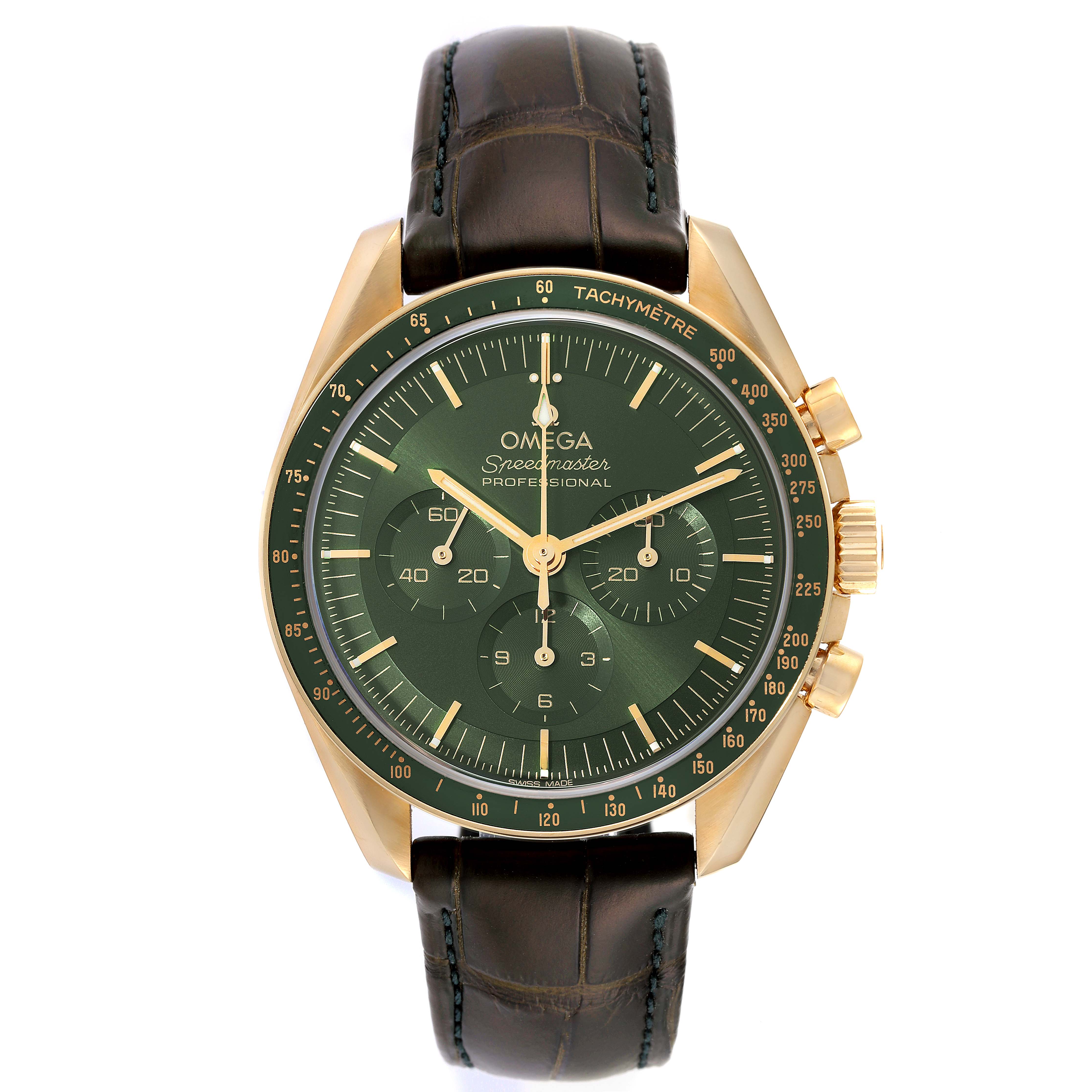 This image shows a front view of an Omega Speedmaster 310.63.42.50.10.001 Men's Yellow Gold Green Dial 310.63.42.50.10.001 Men's Yellow Gold Green Dial Professional watch with a green dial and a brown leather strap.