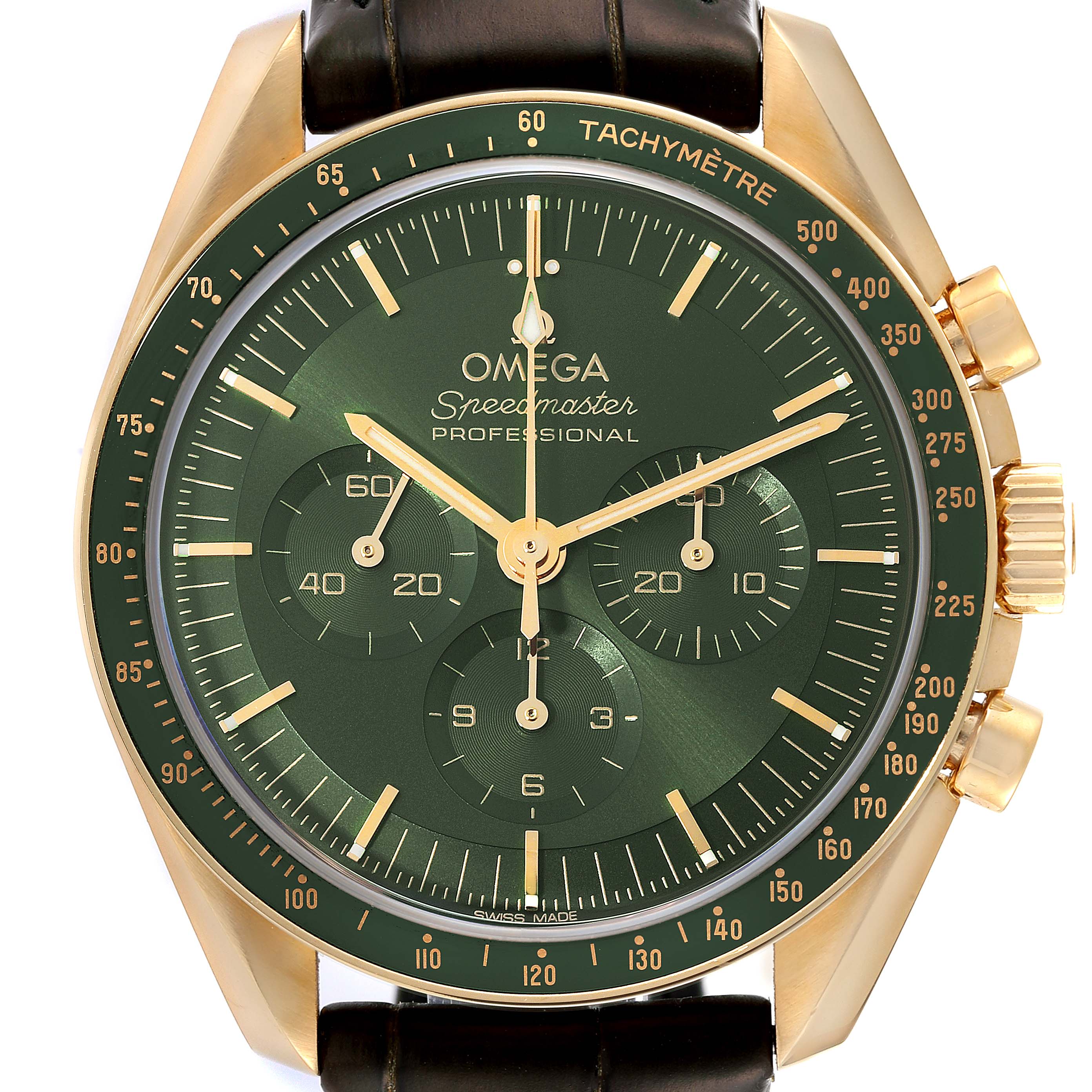 The Omega Speedmaster 310.63.42.50.10.001 Men's Yellow Gold Green Dial 310.63.42.50.10.001 Men's Yellow Gold Green Dial watch is shown from the front, highlighting the green dial, subdials, bezel, and gold casing.
