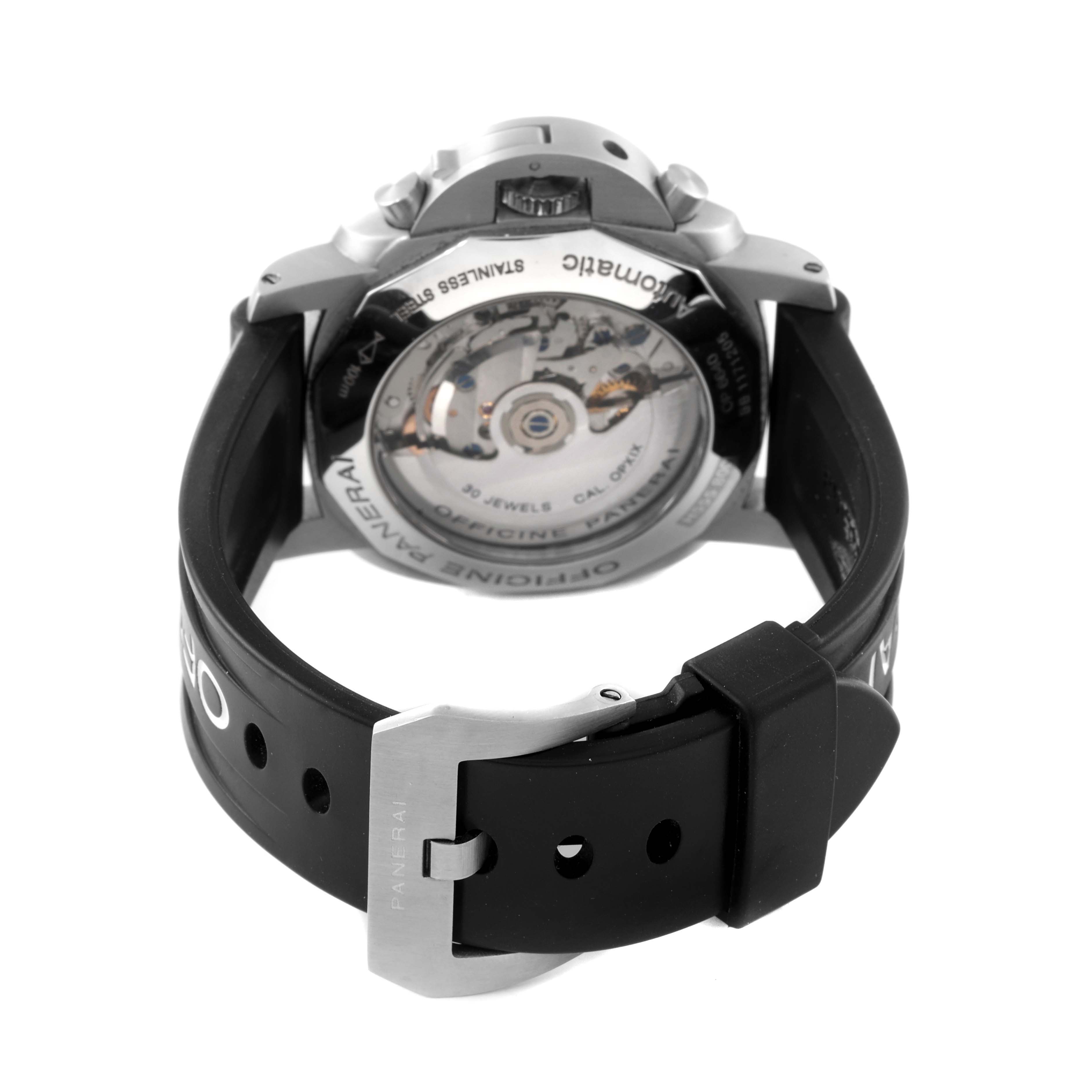 This image shows the back view of a Panerai Luminor PAM00212 Men's Stainless Steel Black Dial PAM00212 Men's Stainless Steel Black Dial watch, displaying its transparent case back and black rubber strap.