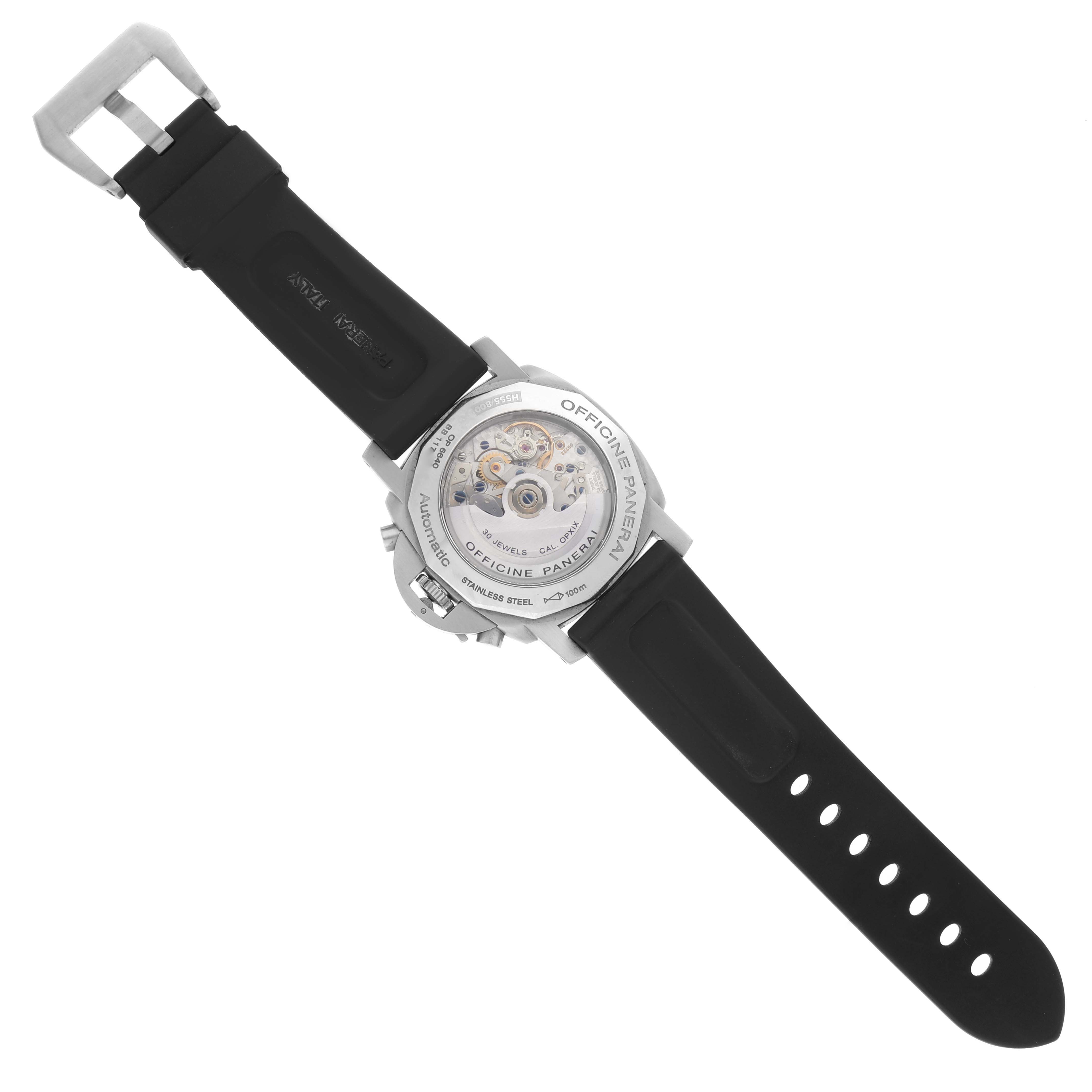 The image shows the back of a Panerai Luminor PAM00212 Men's Stainless Steel Black Dial PAM00212 Men's Stainless Steel Black Dial watch, featuring the movement and black rubber strap.