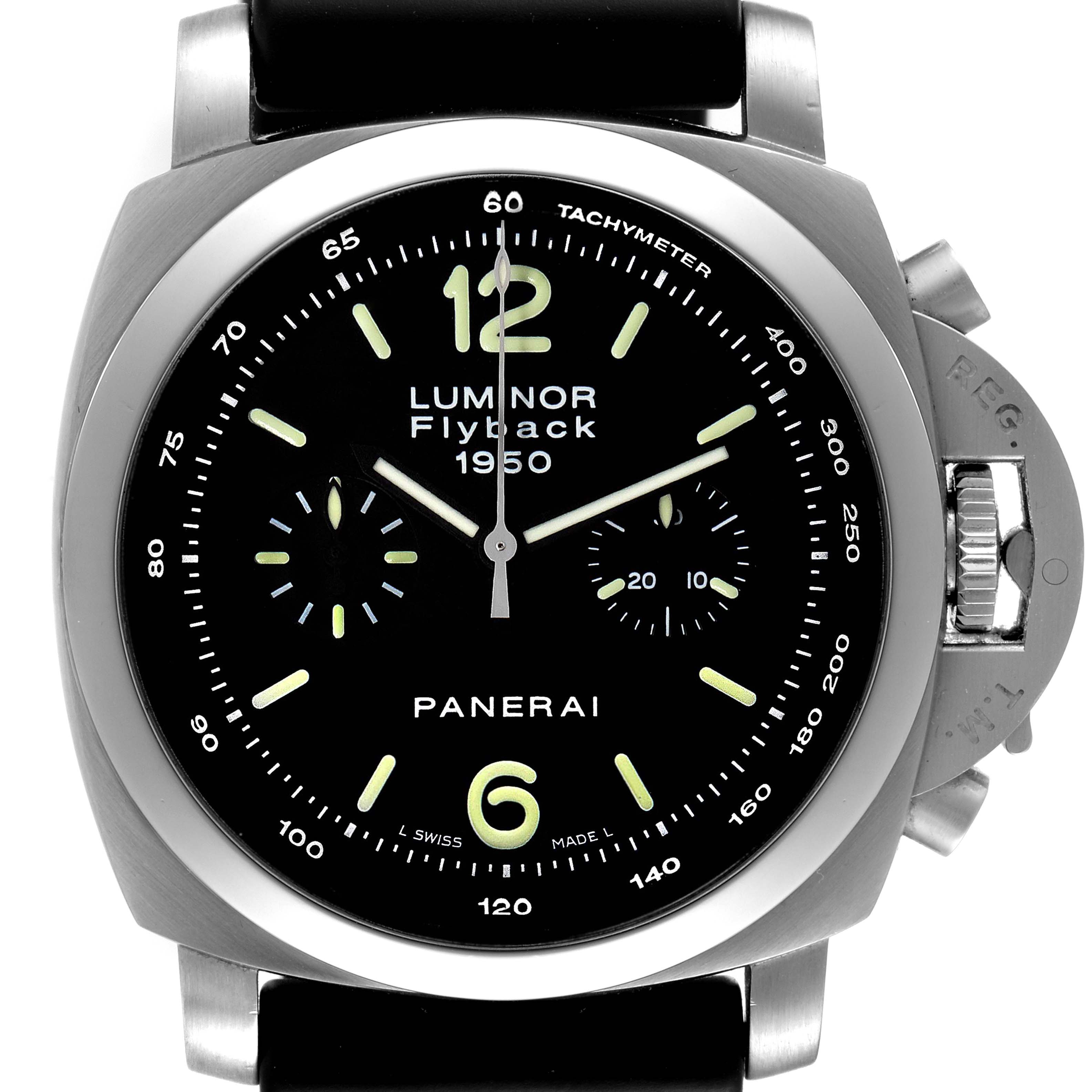 The image shows a front view of a Panerai Luminor PAM00212 Men's Stainless Steel Black Dial PAM00212 Men's Stainless Steel Black Dial Flyback 1950 watch, highlighting the dial and crown guard.