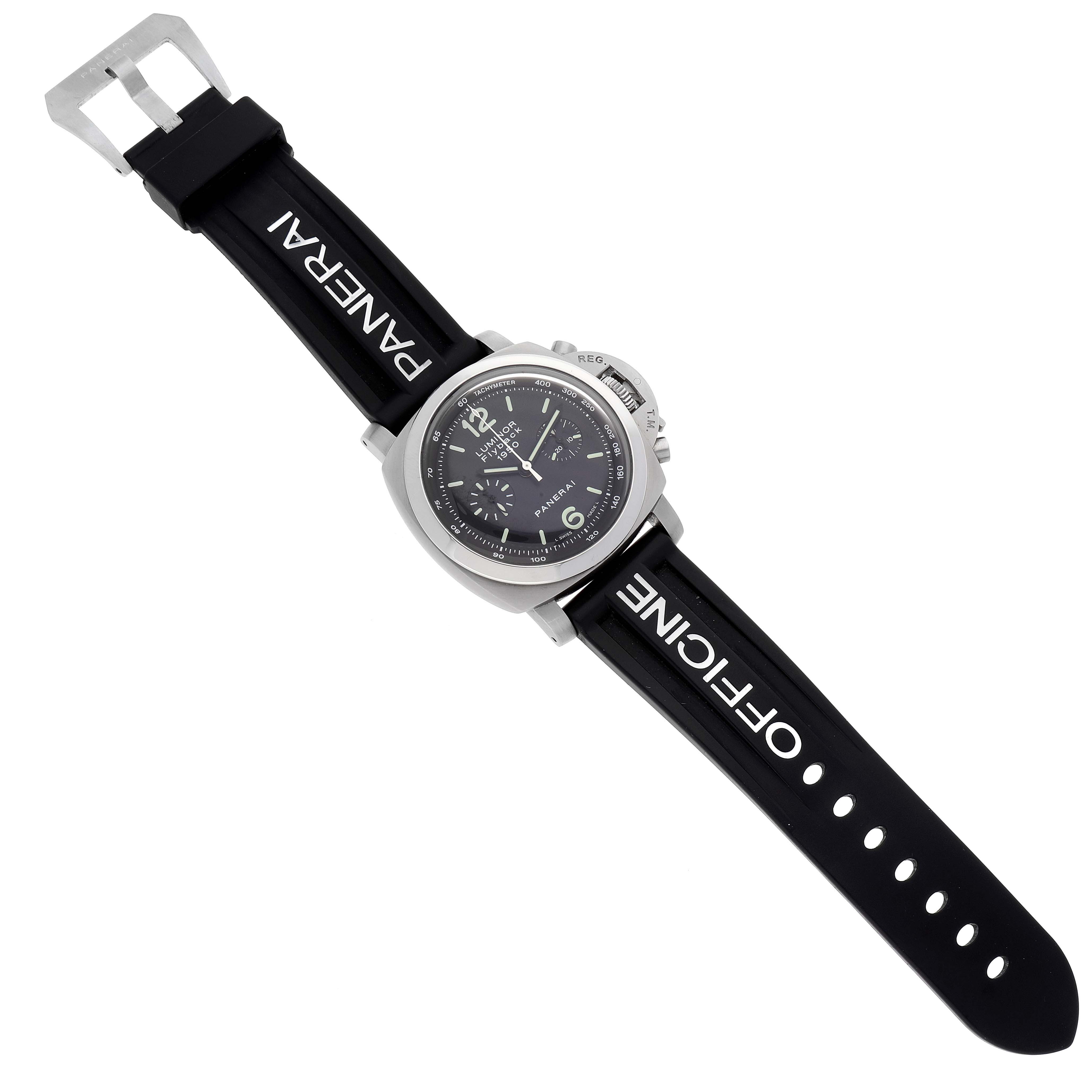 The image shows a top-down view of a Panerai Luminor PAM00212 Men's Stainless Steel Black Dial PAM00212 Men's Stainless Steel Black Dial watch with a black strap and branded details.