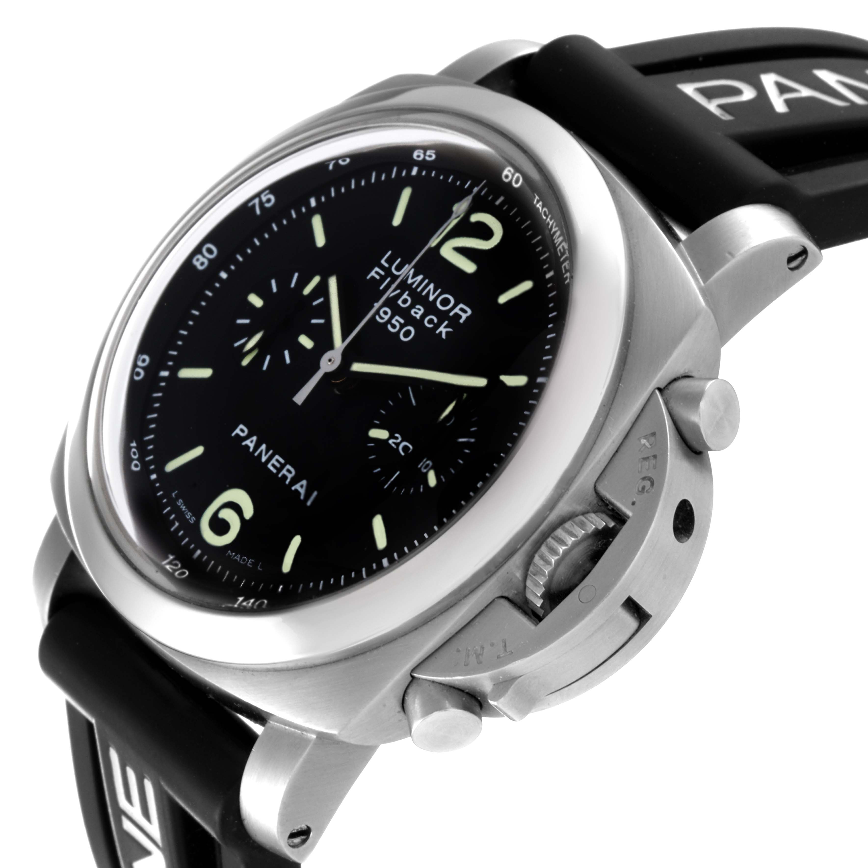 The image shows the Panerai Luminor PAM00212 Men's Stainless Steel Black Dial PAM00212 Men's Stainless Steel Black Dial watch at an angled close-up, highlighting the dial, crown guard, and part of the strap.