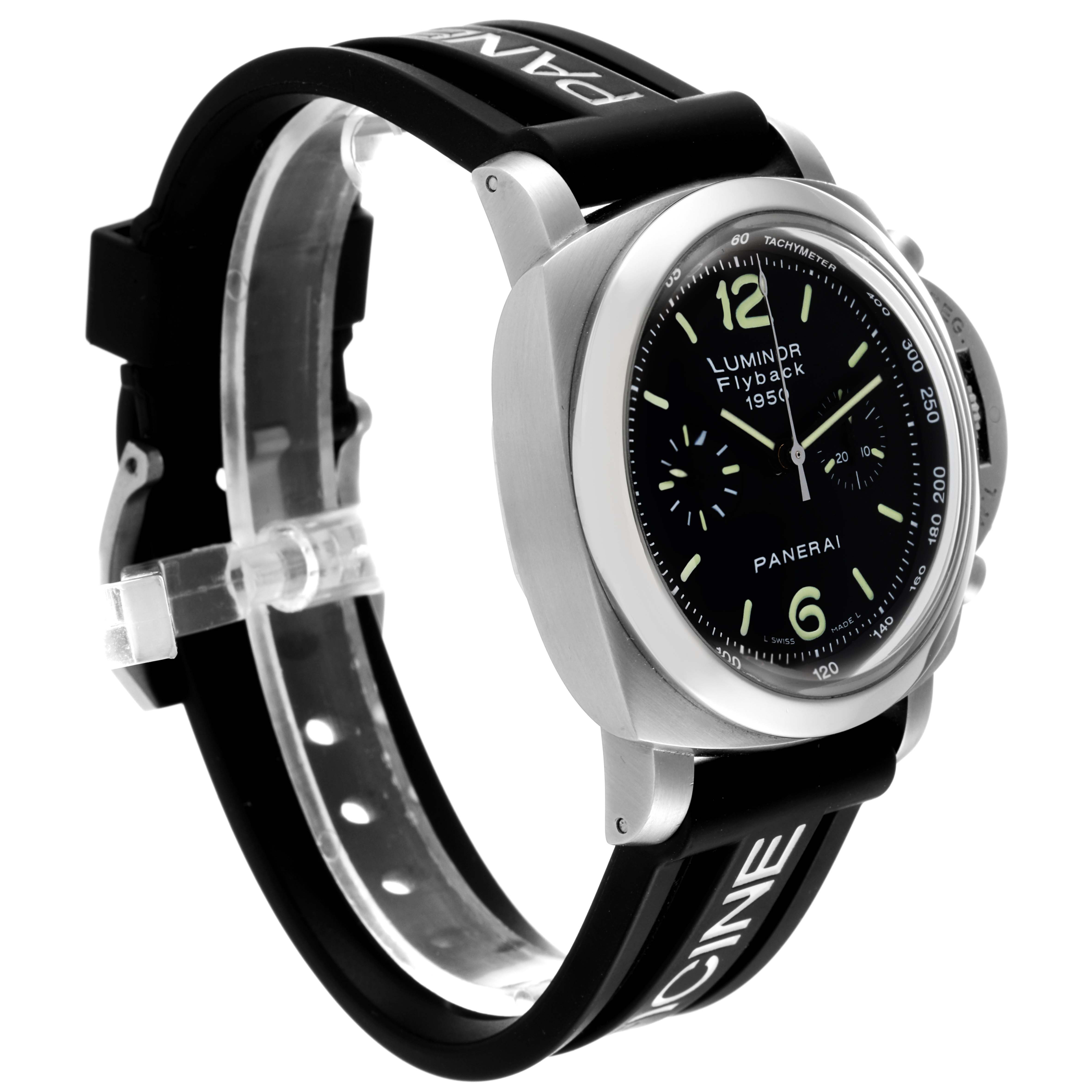 The image shows a Panerai Luminor PAM00212 Men's Stainless Steel Black Dial PAM00212 Men's Stainless Steel Black Dial model watch at a three-quarter angle, focusing on the front dial and black rubber strap.