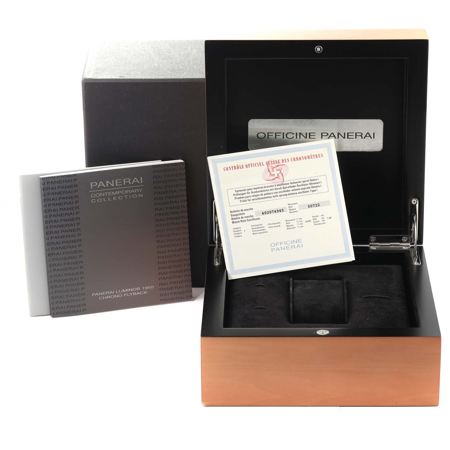 The image shows the open box, certificate, and booklet for a Panerai Luminor PAM00212 Men's Stainless Steel Black Dial PAM00212 Men's Stainless Steel Black Dial model watch.