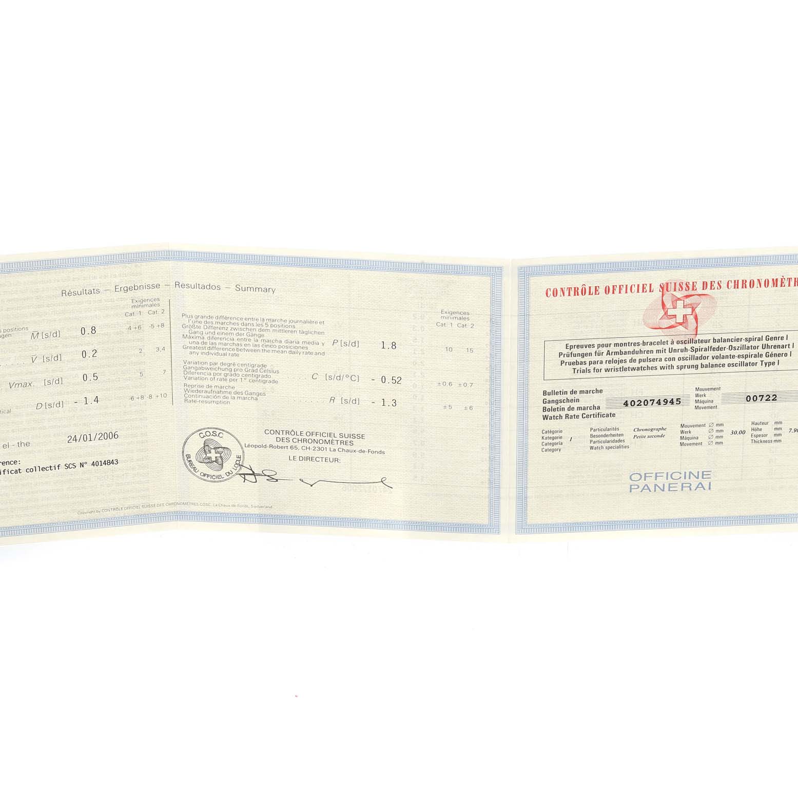 The image shows the certification paper for the Luminor model by Panerai, detailing its chronometer performance.