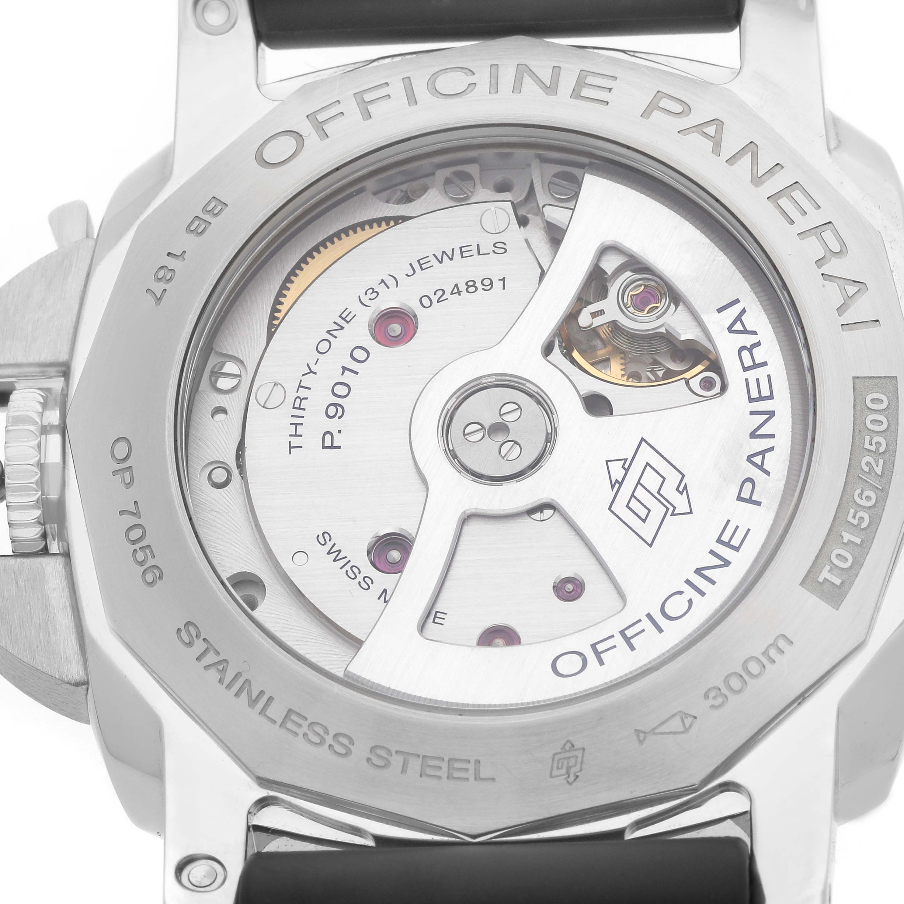 The image shows the back view of a Panerai Luminor PAM01359 Men
s Stainless Steel Black Dial watch, highlighting its transparent case back and internal mechanism.