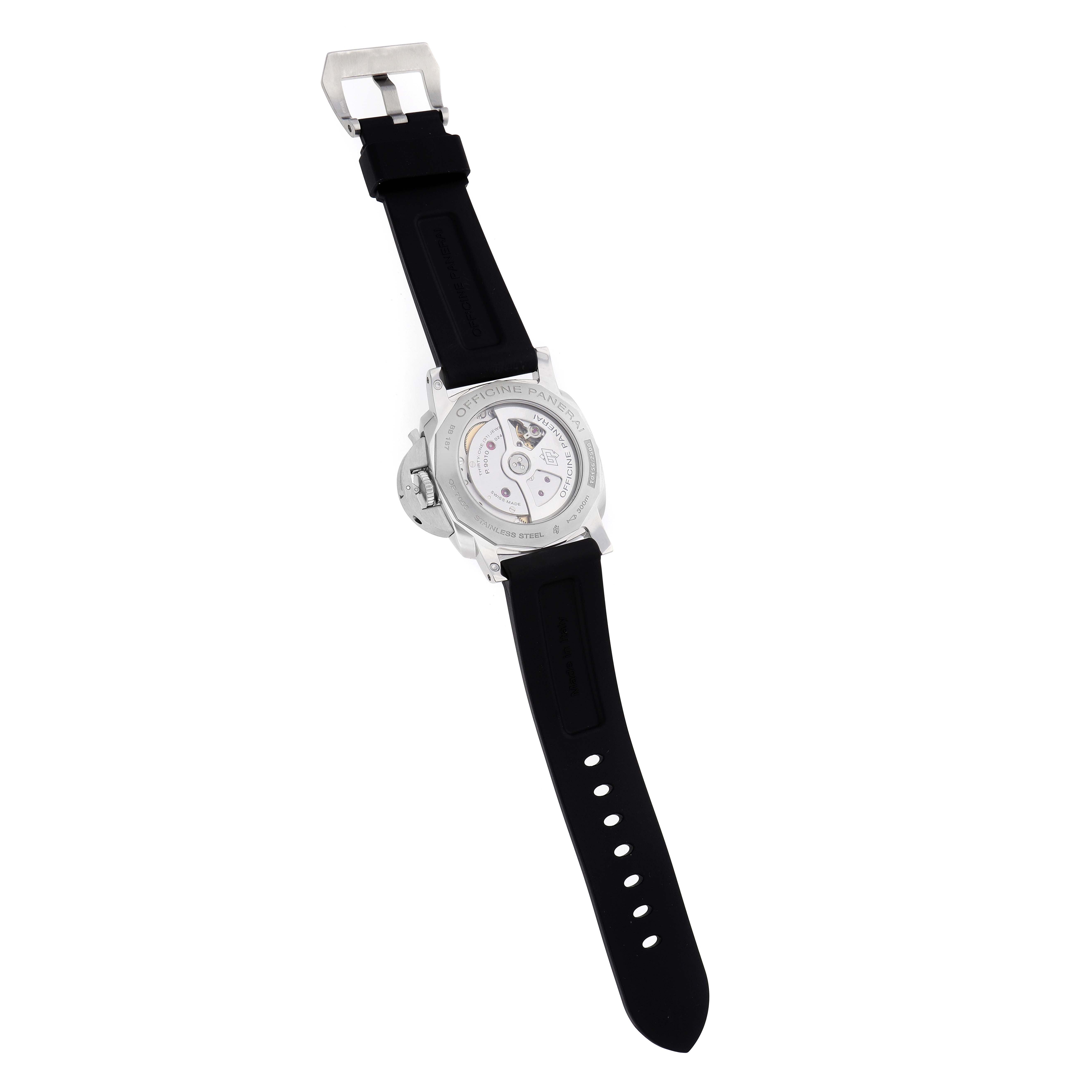 The Panerai Luminor PAM01359 Men
s Stainless Steel Black Dial watch is shown from the back, displaying the movement through the case and a black strap.