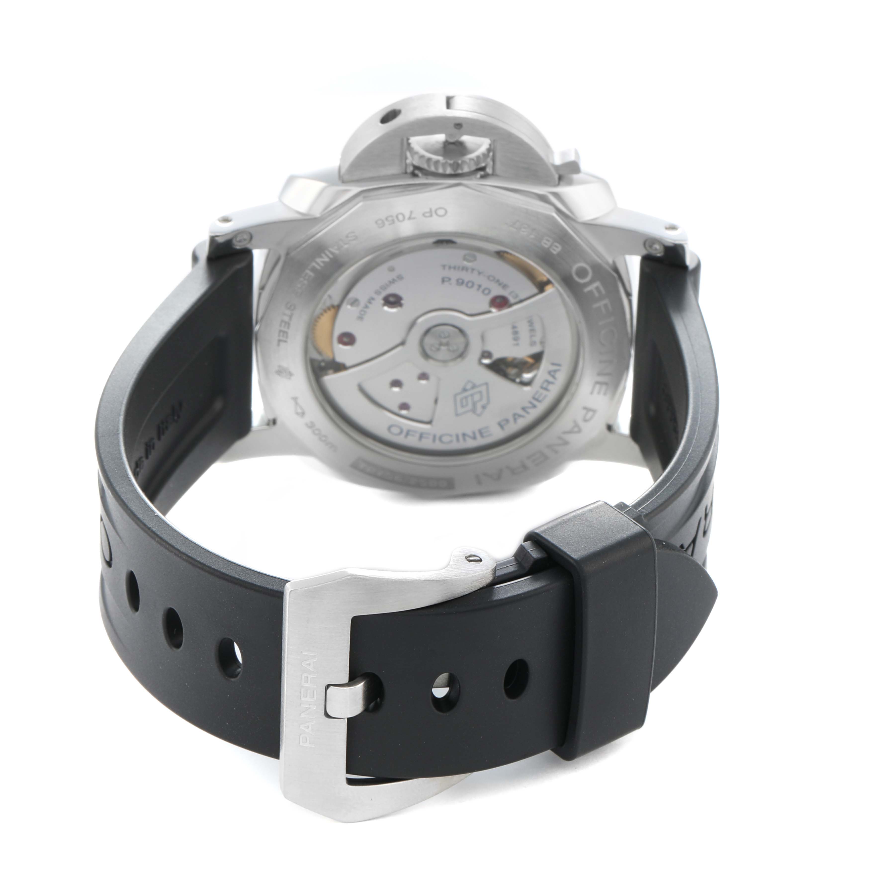 The image shows the back of the Panerai Luminor PAM01359 Men
s Stainless Steel Black Dial watch, displaying the movement and strap clasp.