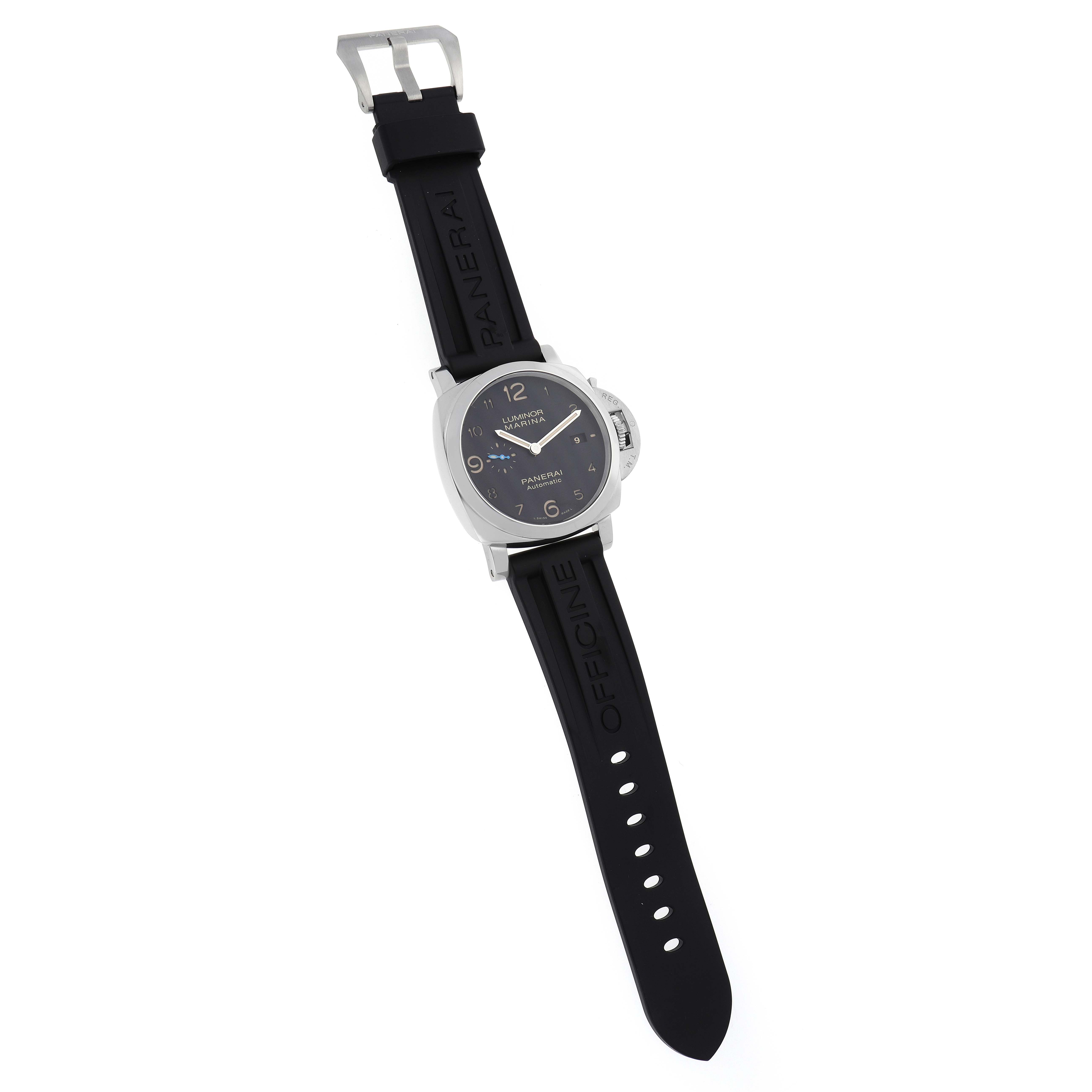 The Panerai Luminor PAM01359 Men
s Stainless Steel Black Dial watch is shown from a top view, displaying the dial, case, and full black rubber strap.