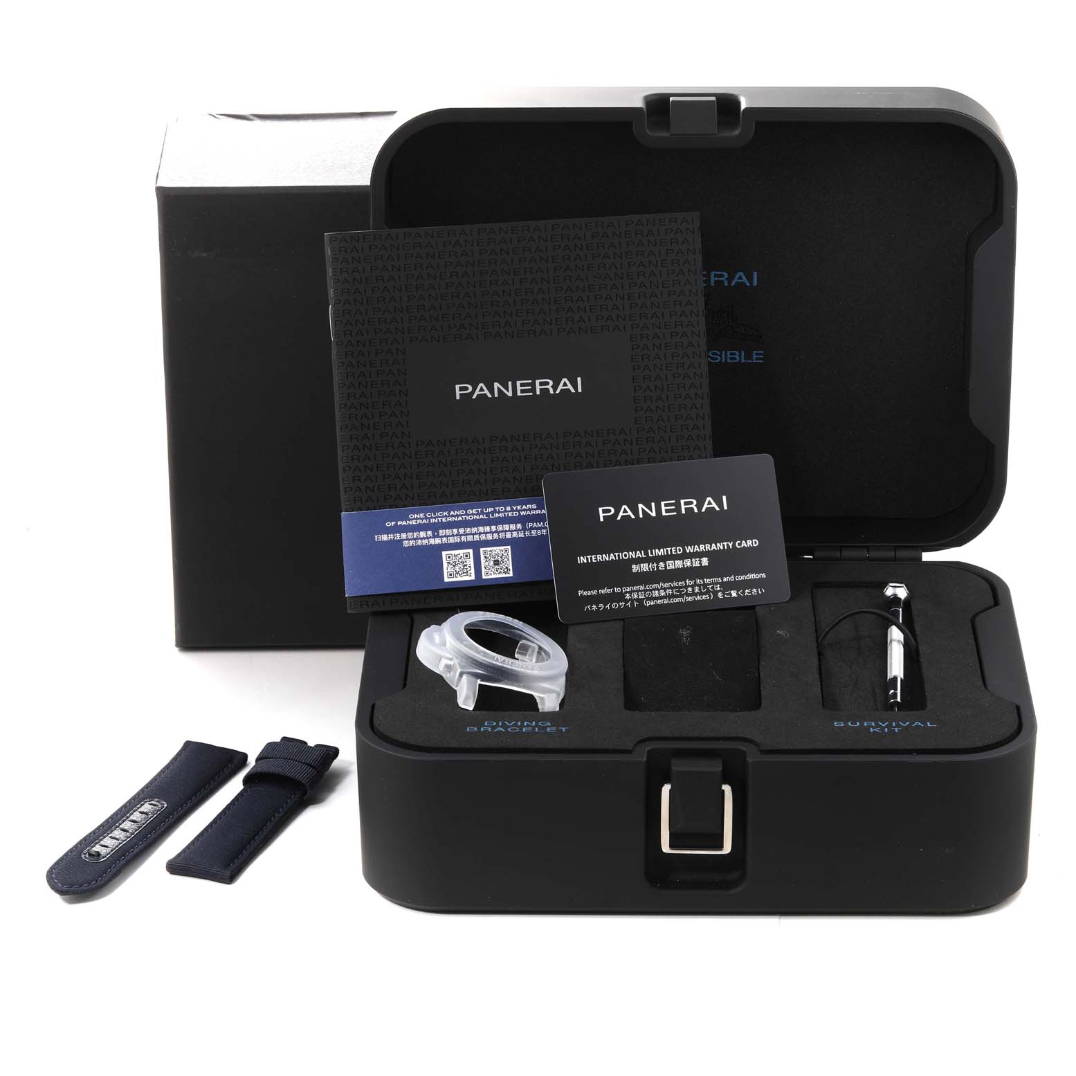 The image shows the box contents of the Panerai Submersible PAM01232 Men's Titanium Blue Dial PAM01232 Men's Titanium Blue Dial watch, including documents, straps, and tools.