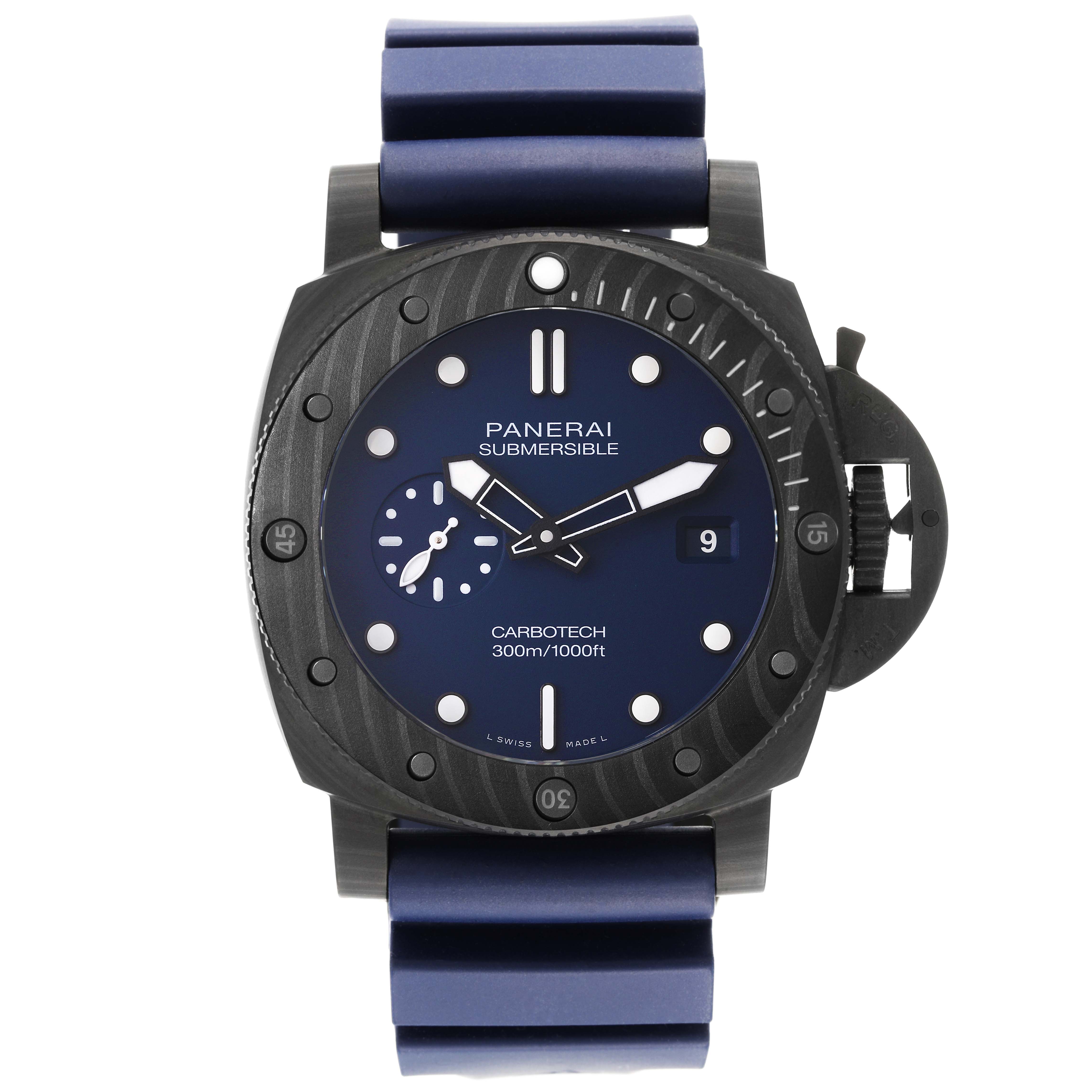 The image shows a front view of the Panerai Submersible PAM01232 Men's Titanium Blue Dial PAM01232 Men's Titanium Blue Dial watch, featuring its dial, bezel, and strap.
