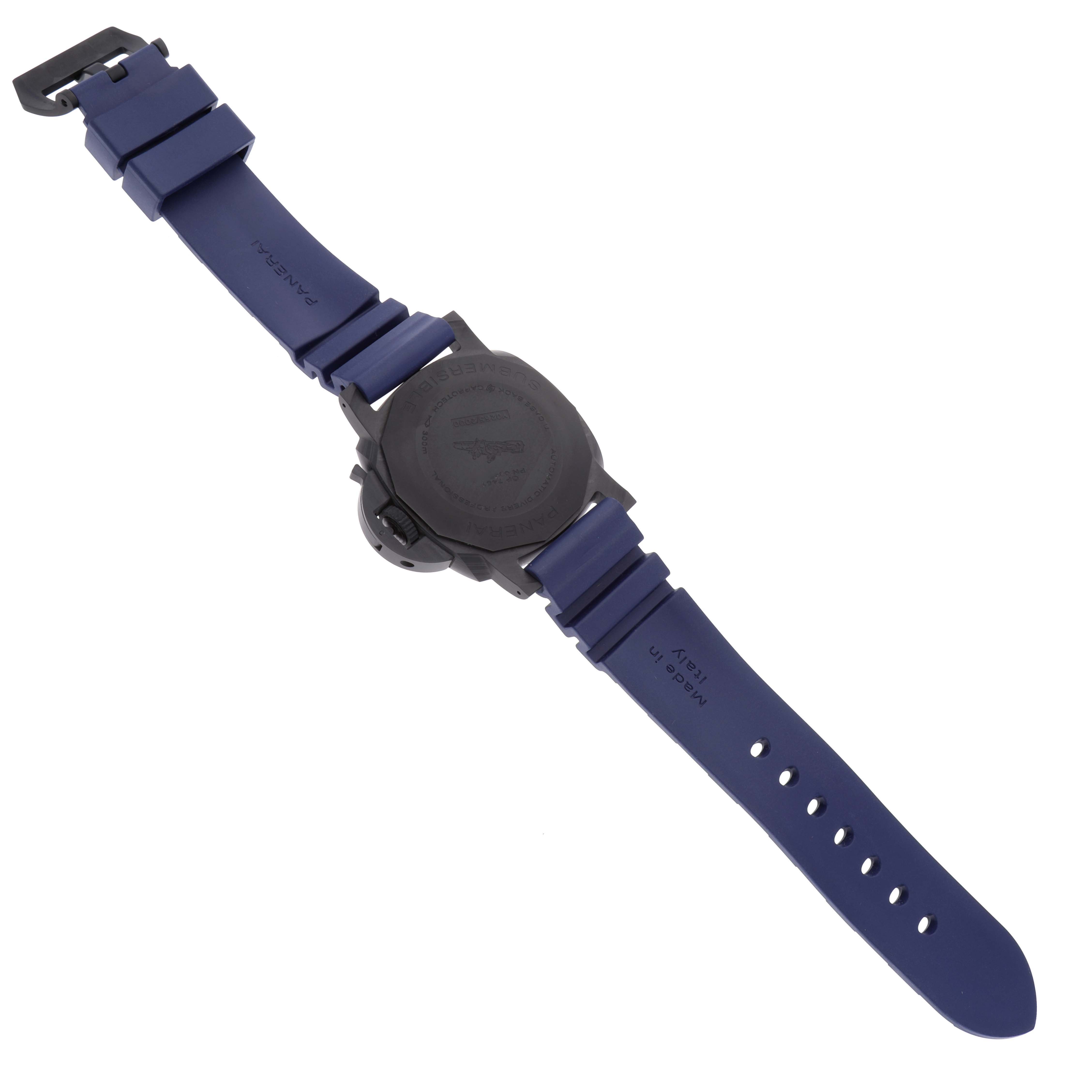 The image shows the backside of a Panerai Submersible PAM01232 Men's Titanium Blue Dial PAM01232 Men's Titanium Blue Dial watch, highlighting its case back and blue rubber strap.