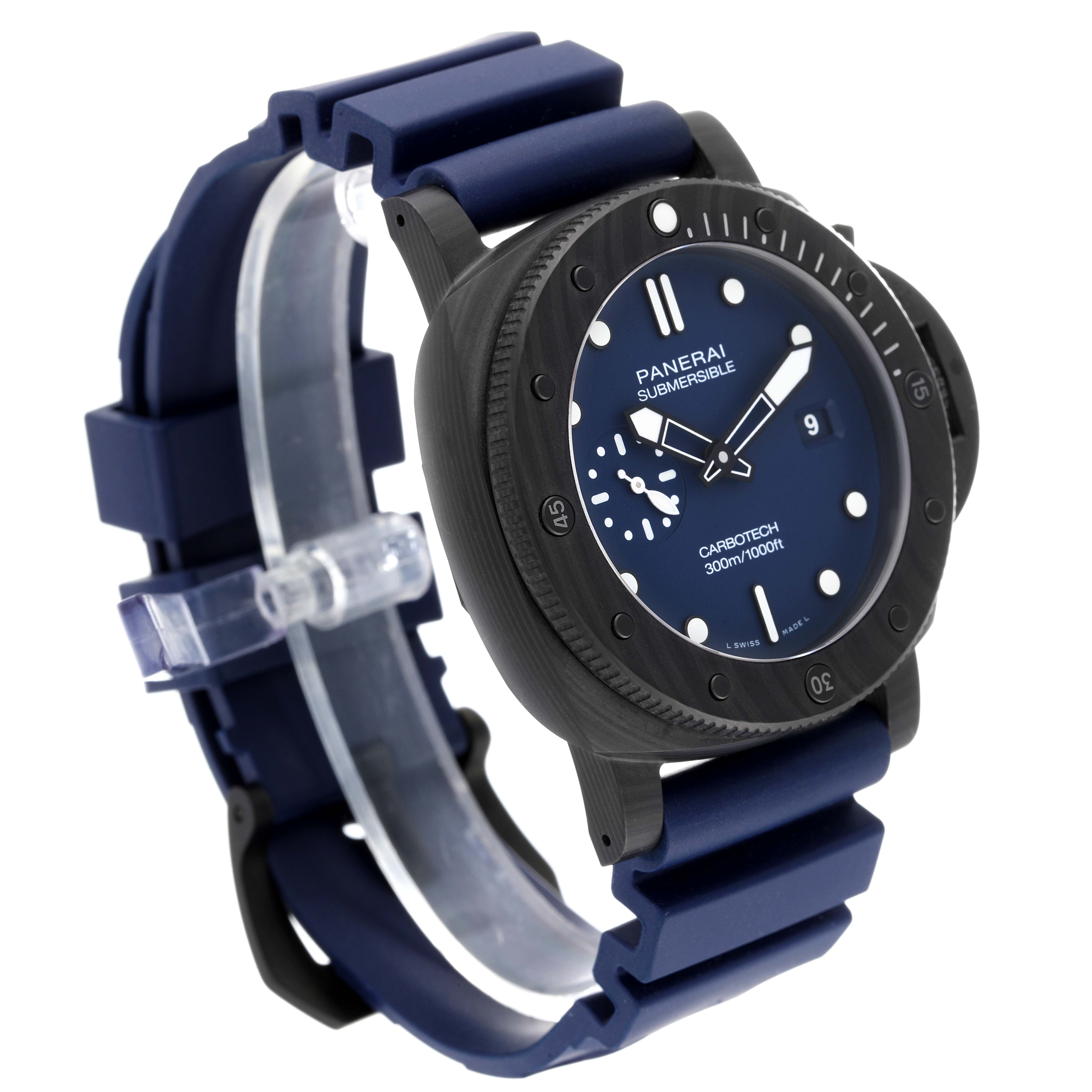 The image shows a Panerai Submersible PAM01232 Men's Titanium Blue Dial PAM01232 Men's Titanium Blue Dial watch at an angled side view, highlighting its blue dial and rubber strap.