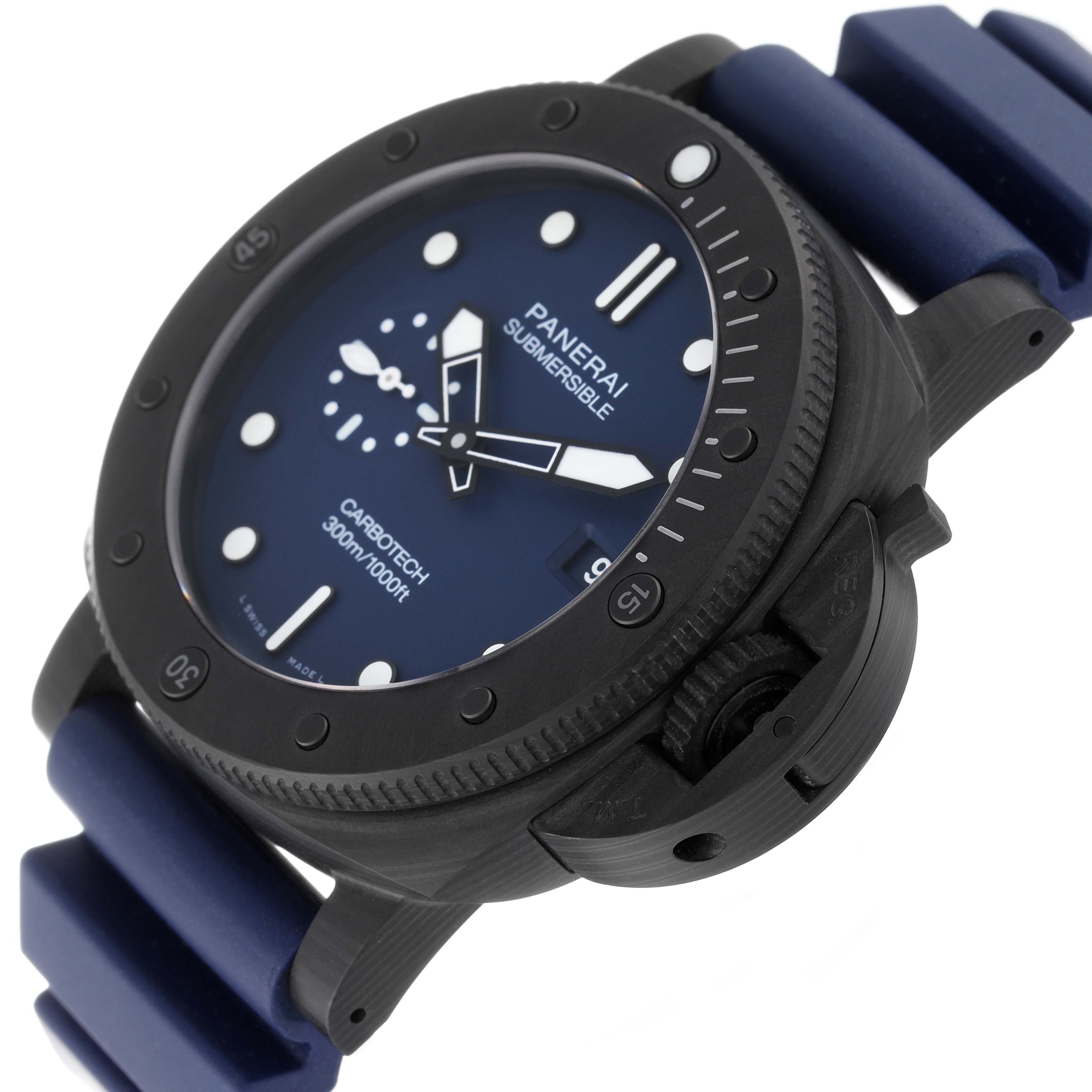 This image shows a Panerai Submersible PAM01232 Men's Titanium Blue Dial PAM01232 Men's Titanium Blue Dial watch from an angled top-down view, highlighting its face, bezel, and strap.