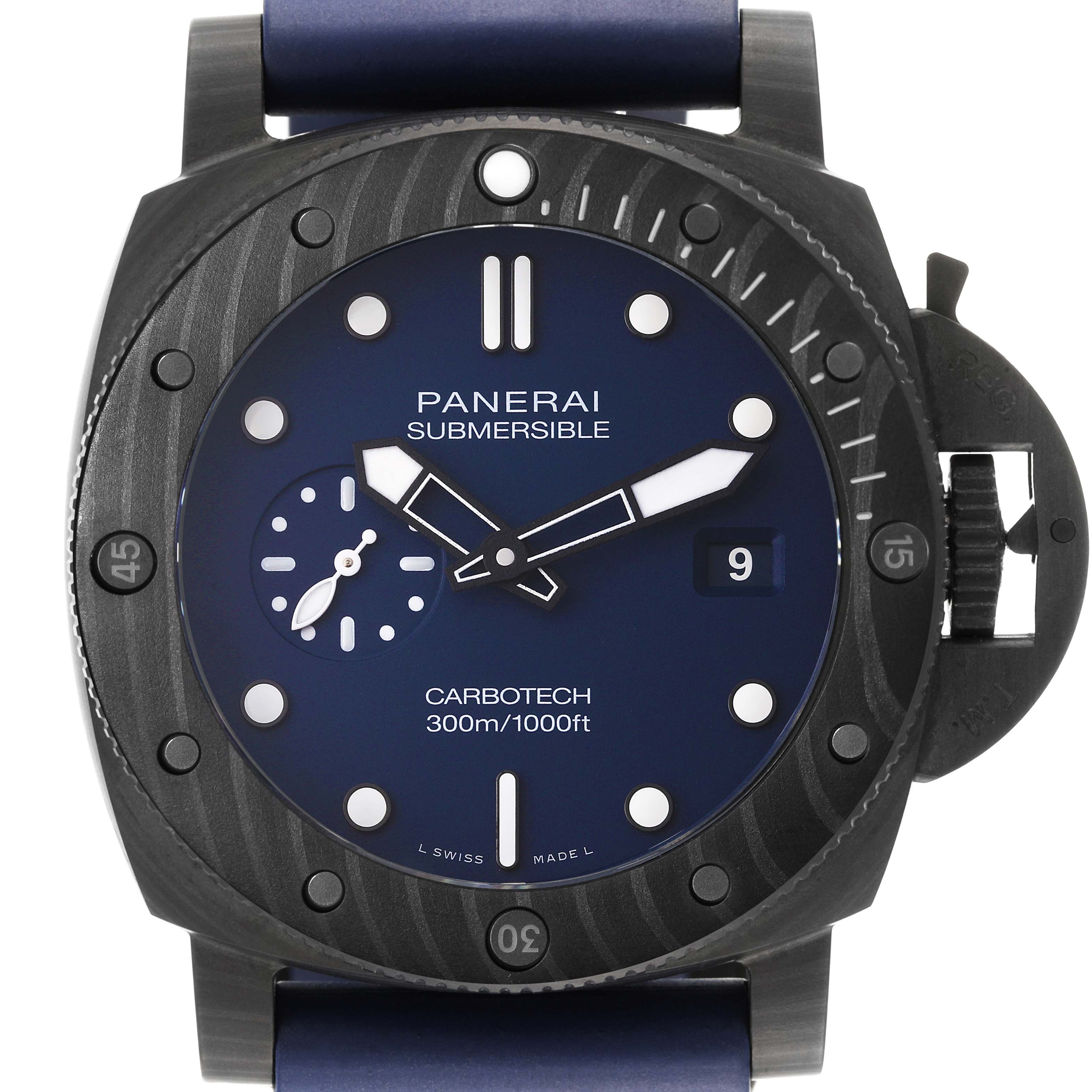 The image shows a front view of the Panerai Submersible PAM01232 Men's Titanium Blue Dial PAM01232 Men's Titanium Blue Dial watch, highlighting the dial, casing, bezel, and crown protection.
