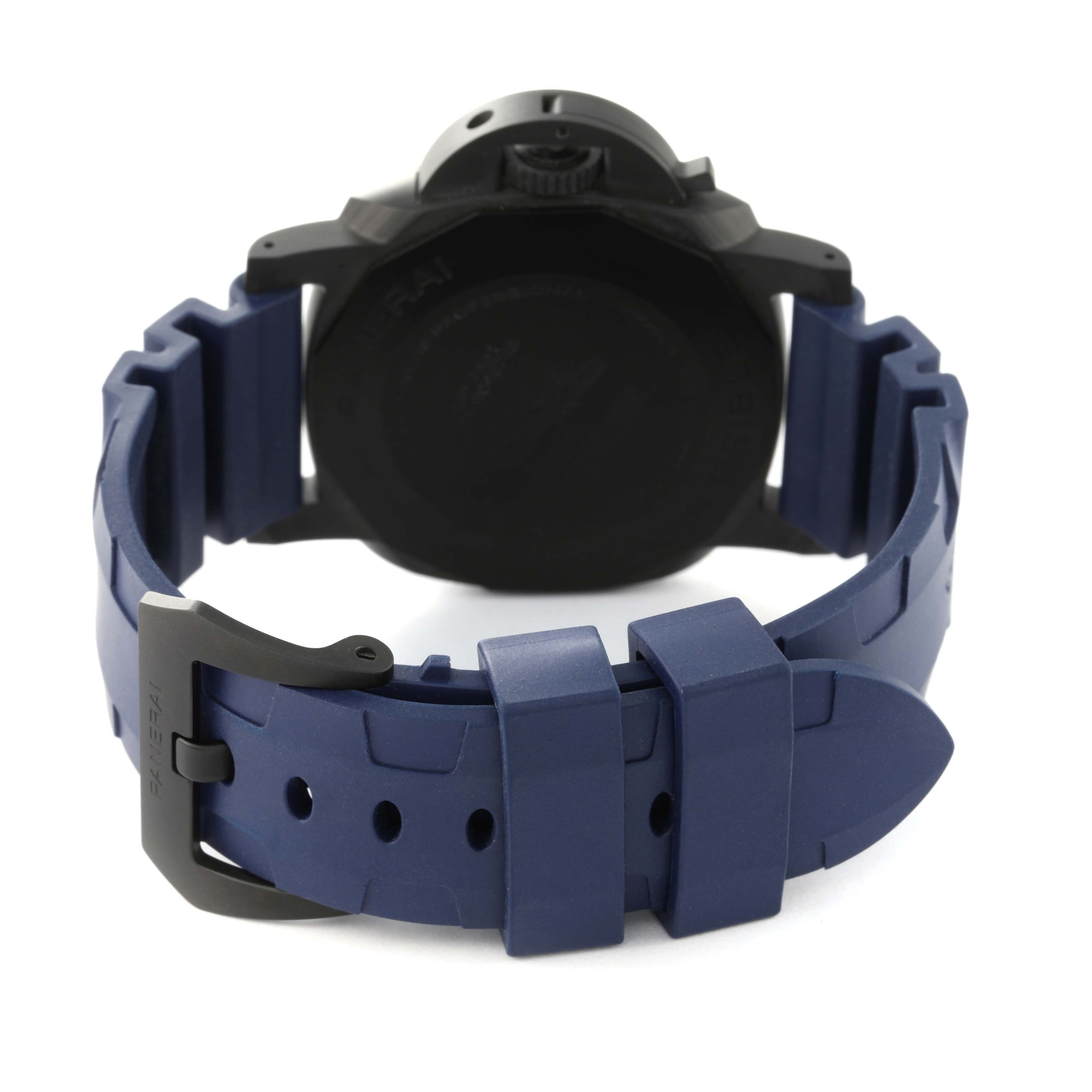 The image shows the back view of a Panerai Submersible PAM01232 Men's Titanium Blue Dial PAM01232 Men's Titanium Blue Dial watch, highlighting its blue strap and black buckle.