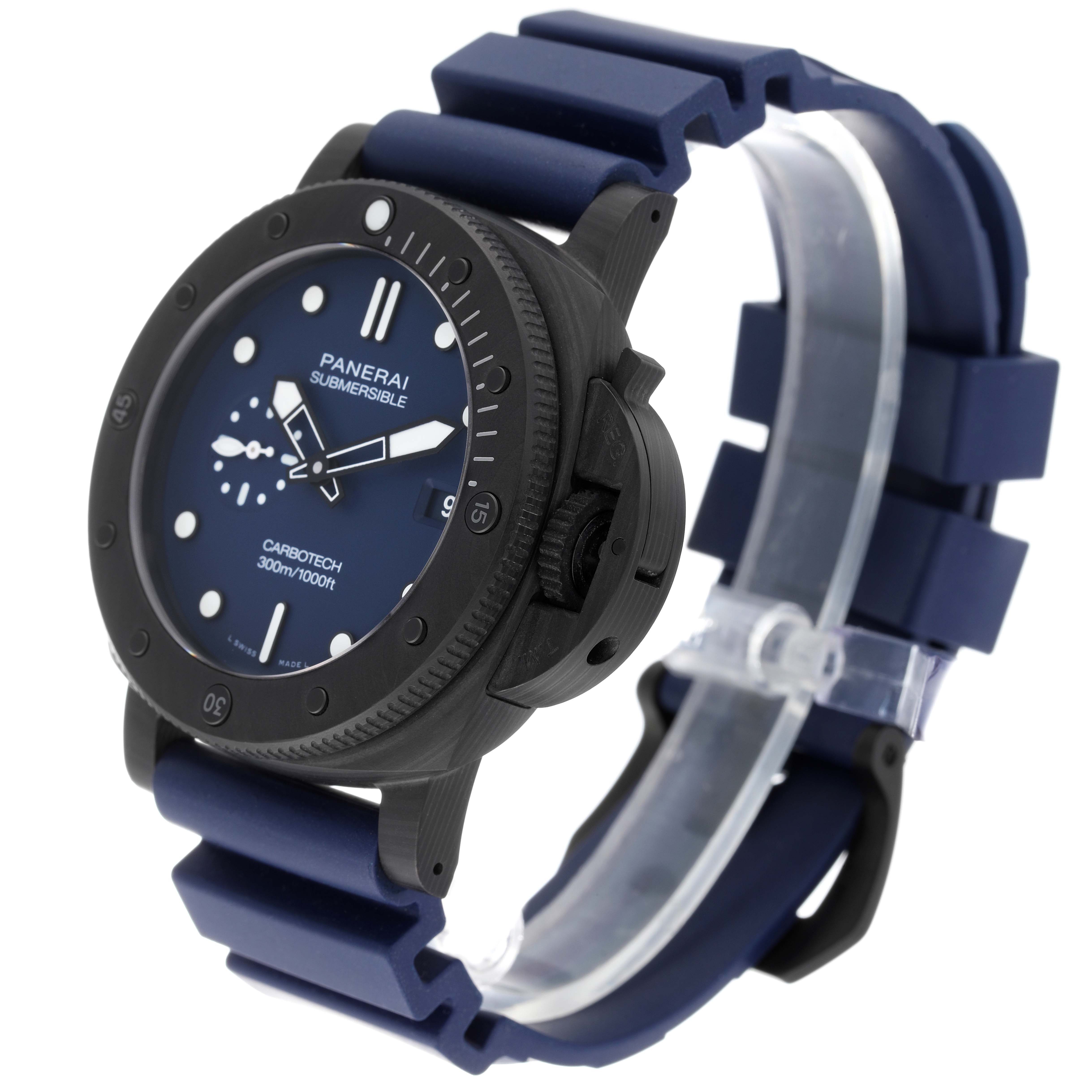 The image shows a Panerai Submersible PAM01232 Men's Titanium Blue Dial PAM01232 Men's Titanium Blue Dial watch at an angled side view, highlighting the face, bezel, and strap.