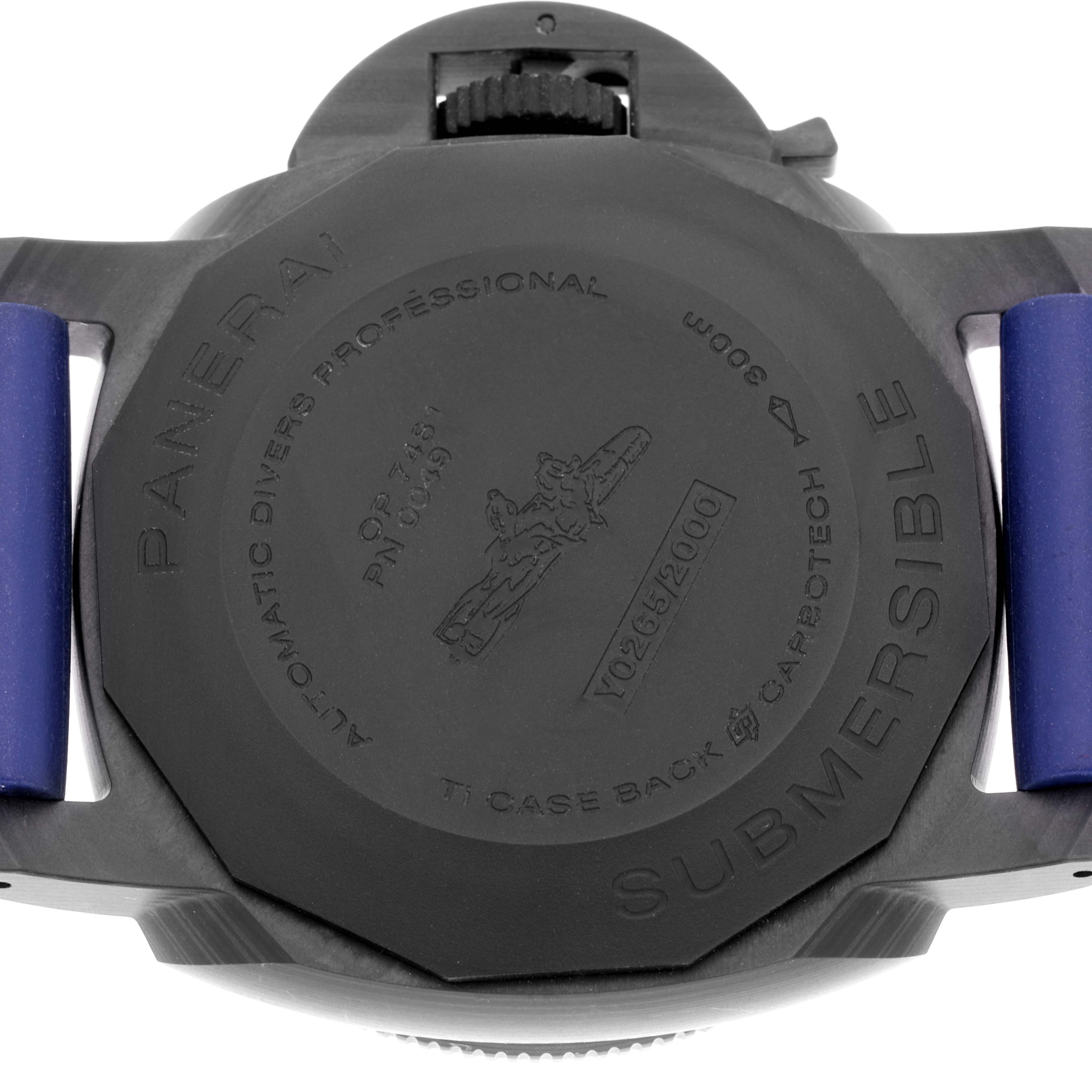 The image shows the back case of the Panerai Submersible PAM01232 Men's Titanium Blue Dial PAM01232 Men's Titanium Blue Dial watch, featuring the engraving and serial number.
