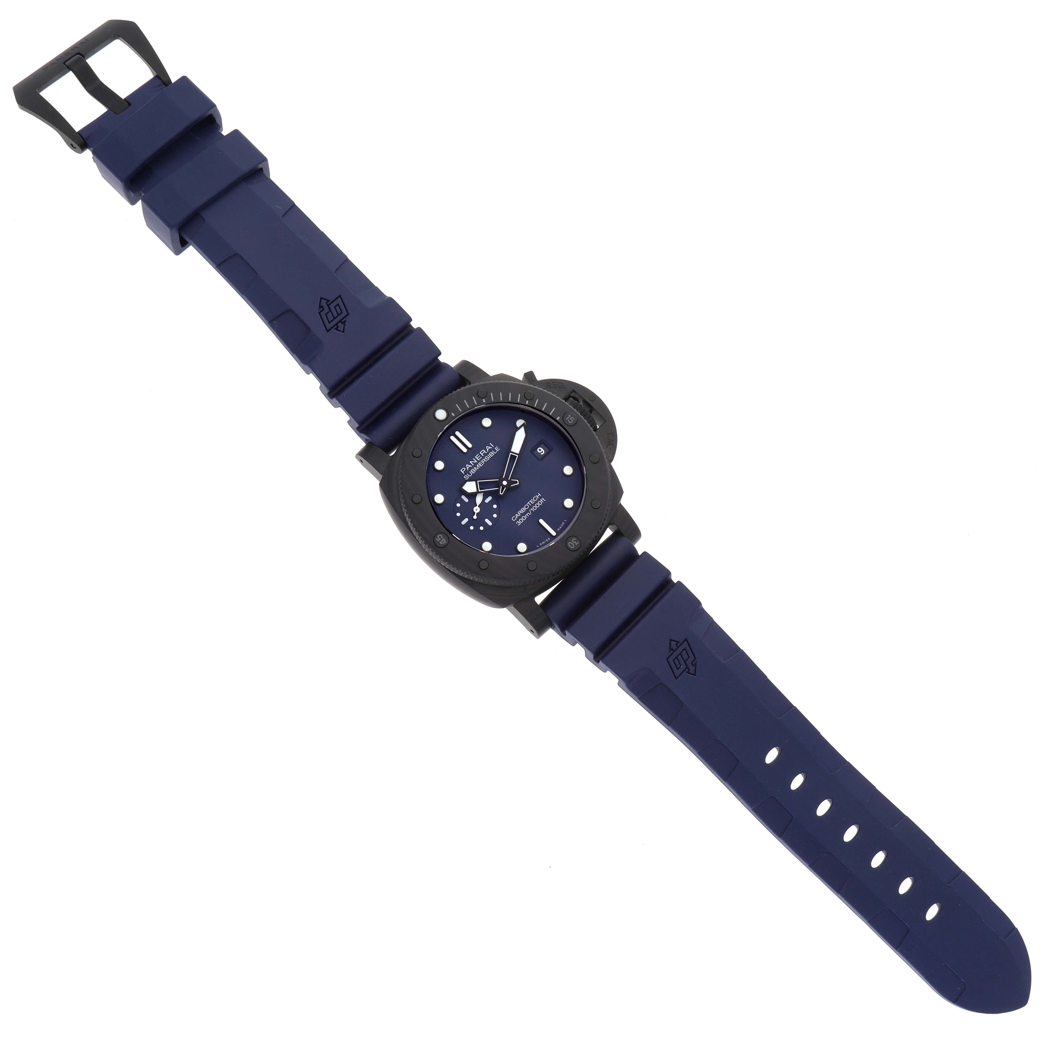 This image shows a top-down view of the Panerai Submersible PAM01232 Men's Titanium Blue Dial PAM01232 Men's Titanium Blue Dial watch, highlighting the face and blue strap.