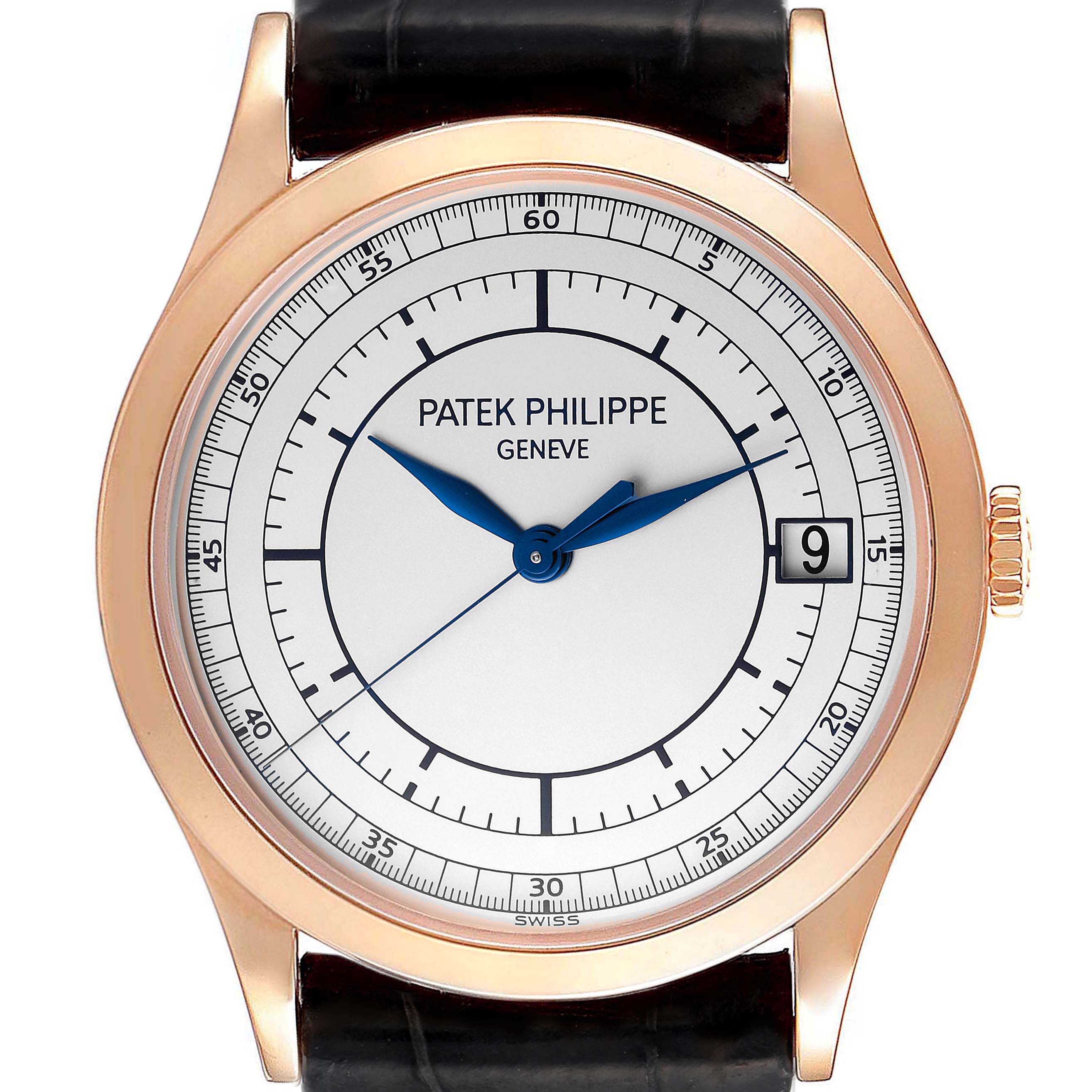 This image shows a top view of the Patek Philippe Calatrava 5296R Men's Rose Gold Silver Dial 5296R Men's Rose Gold Silver Dial watch, highlighting its dial, hands, case, and crown.
