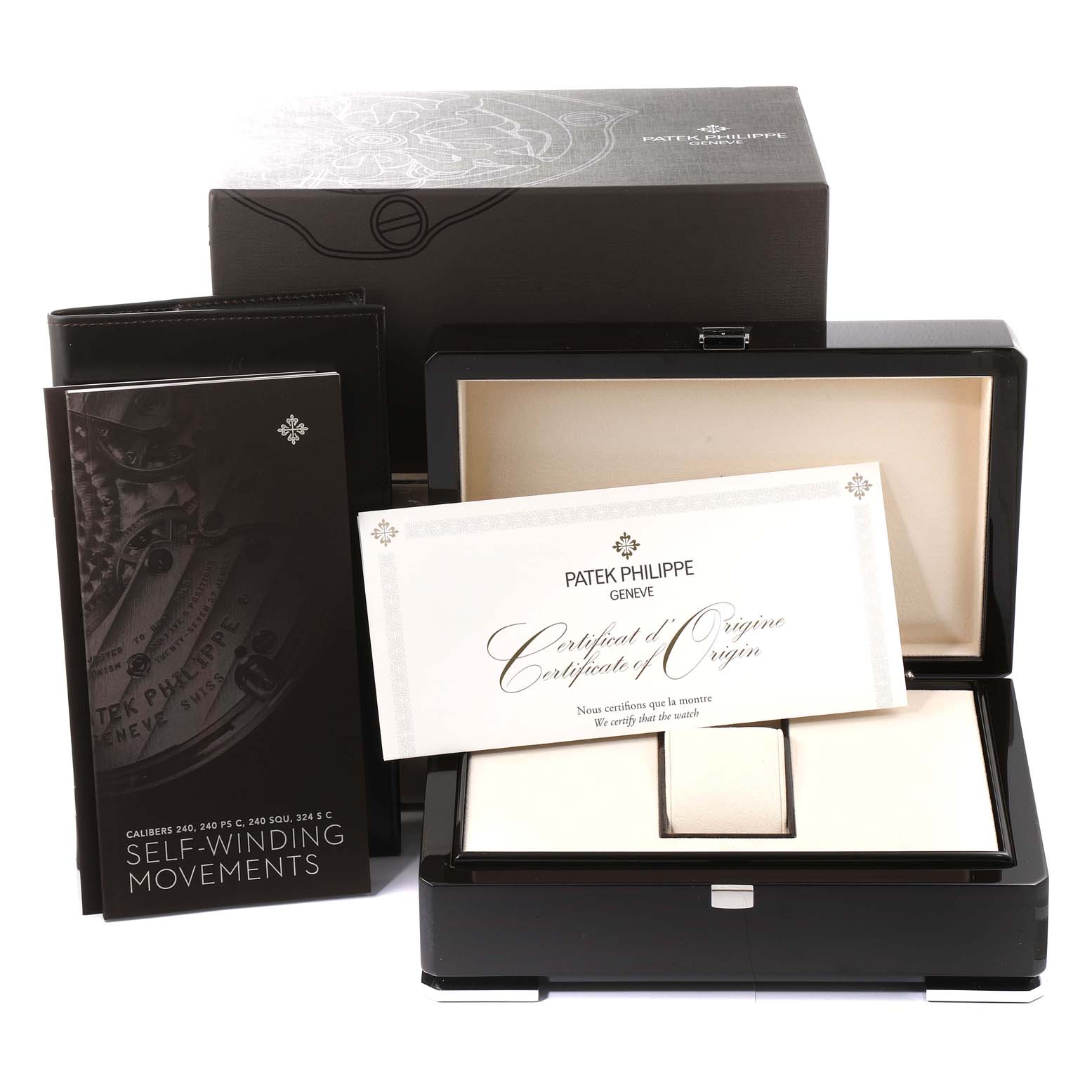 The image shows packaging, a manual, and a certificate for a Patek Philippe Calatrava 5296R Men's Rose Gold Silver Dial 5296R Men's Rose Gold Silver Dial model watch.