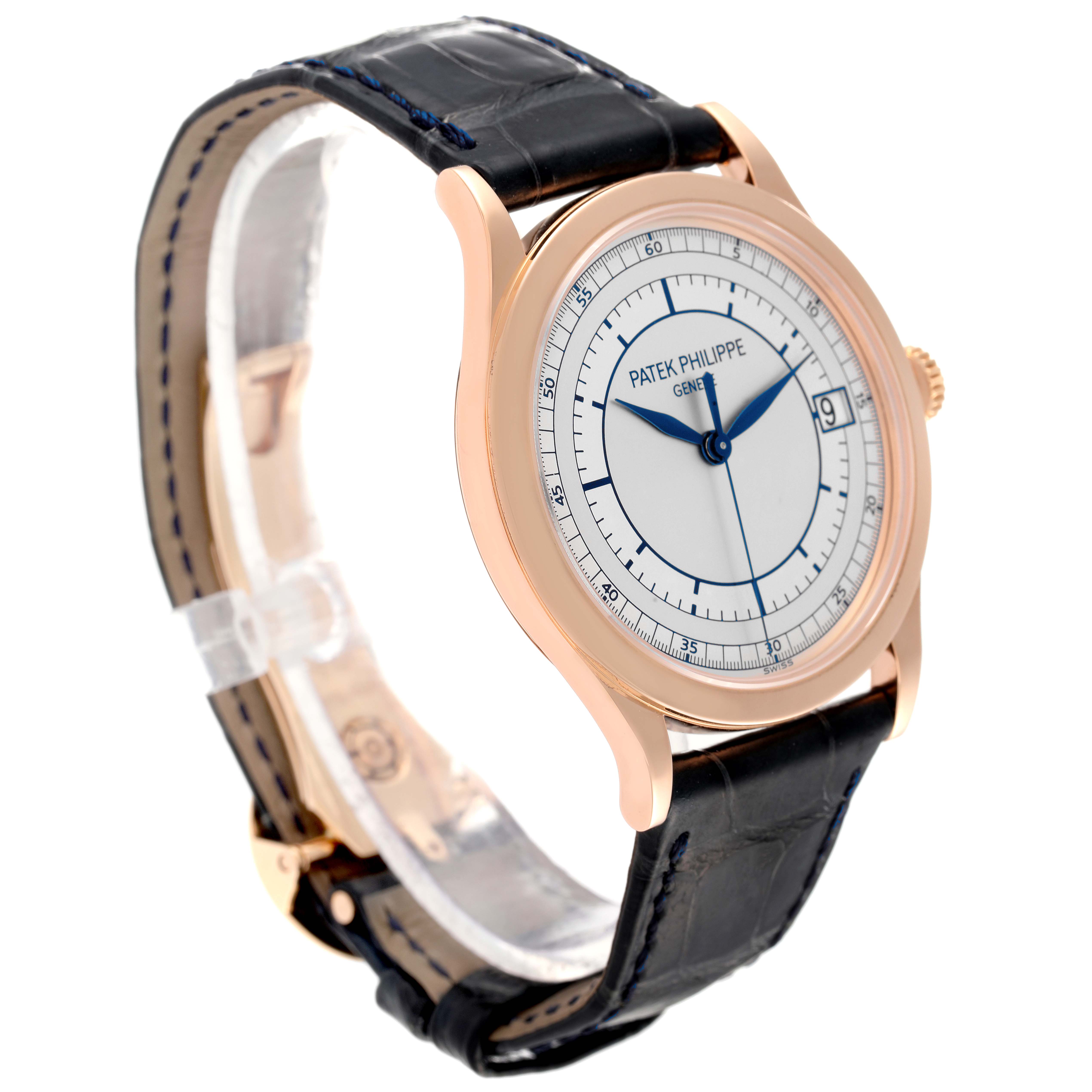 The image shows a Patek Philippe Calatrava 5296R Men's Rose Gold Silver Dial 5296R Men's Rose Gold Silver Dial watch from an angled side view, highlighting its face, casing, and leather strap.