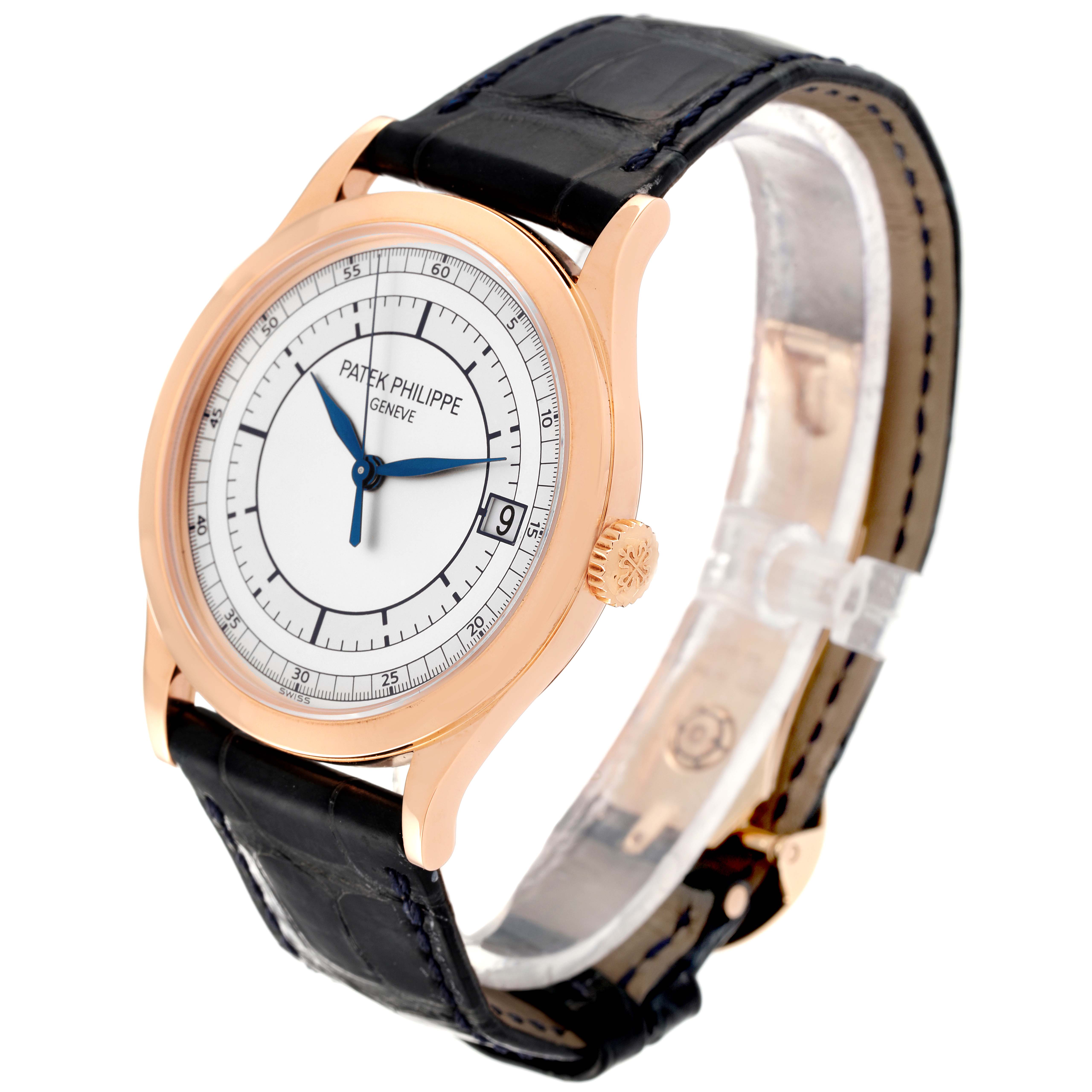 This Patek Philippe Calatrava 5296R Men's Rose Gold Silver Dial 5296R Men's Rose Gold Silver Dial watch is shown at a three-quarter angle, highlighting the dial, case, and leather strap.