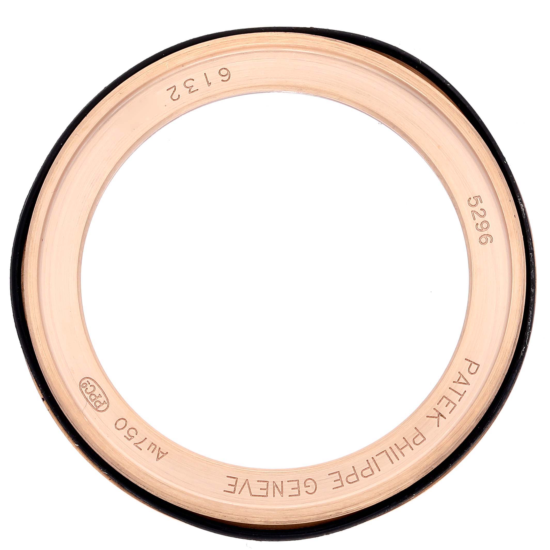 This image shows the bezel of a Patek Philippe Calatrava 5296R Men's Rose Gold Silver Dial 5296R Men's Rose Gold Silver Dial 5296 watch, captured from a top view angle.