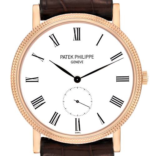 The Patek Philippe Calatrava 5116R-001 Men's Rose Gold White Dial watch is shown from the front, displaying the face, Roman numerals, hands, and textured bezel.