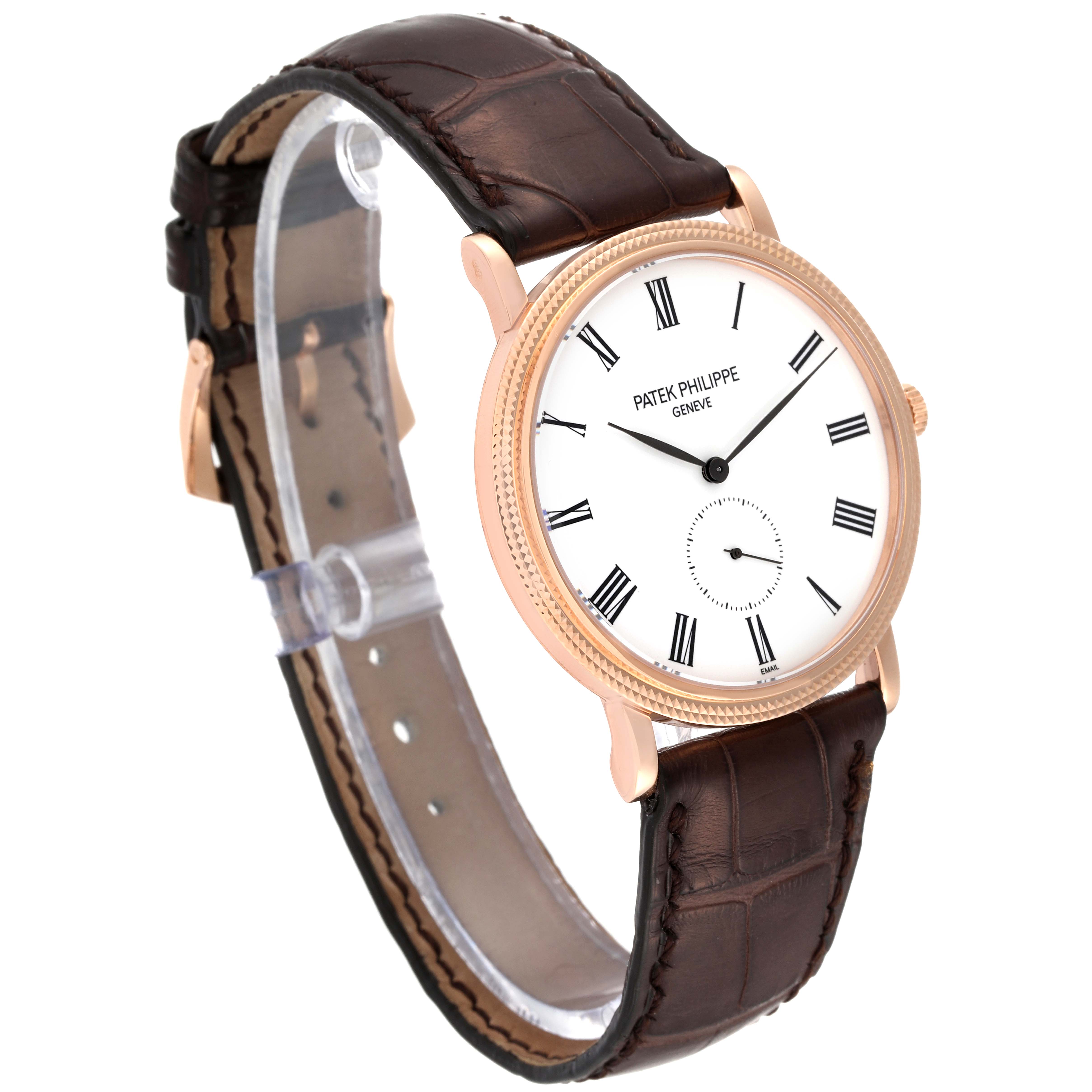 The Patek Philippe Calatrava 5116R-001 Men
s Rose Gold White Dial watch is shown at a three-quarter angle, highlighting the face, bezel, crown, and leather strap.