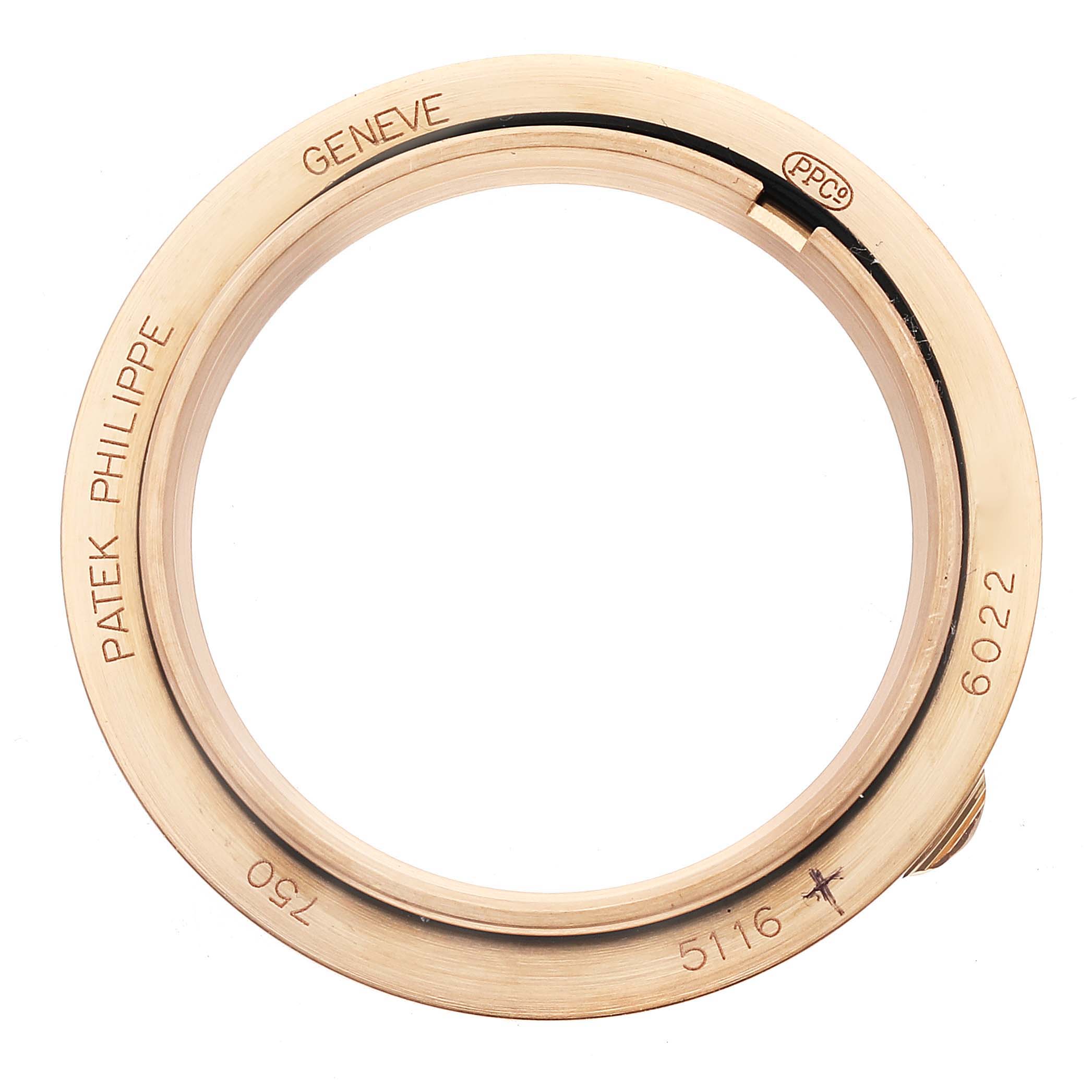 The image shows a bezel for a Patek Philippe Calatrava 5116R-001 Men
s Rose Gold White Dial watch, providing a top-down view of its circular frame.