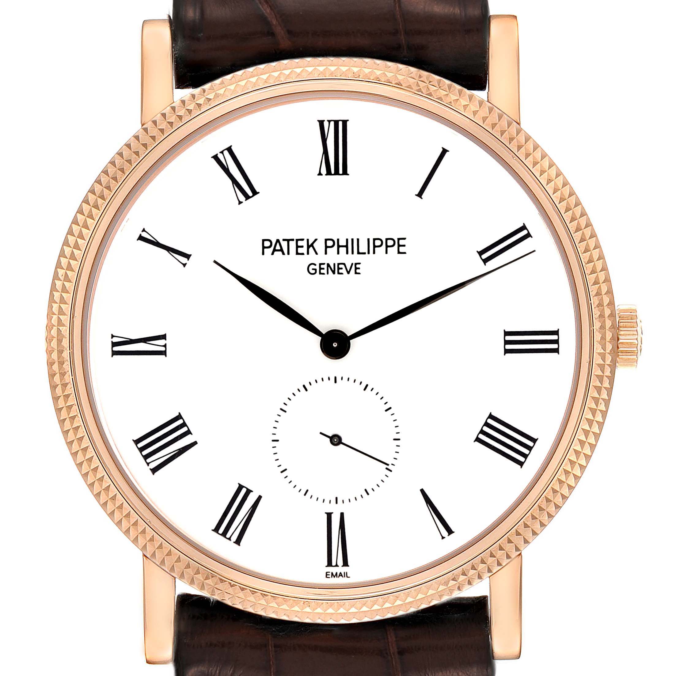 The image shows a front view of the Patek Philippe Calatrava 5116R-001 Men
s Rose Gold White Dial watch, highlighting its dial, hands, case, and crown.
