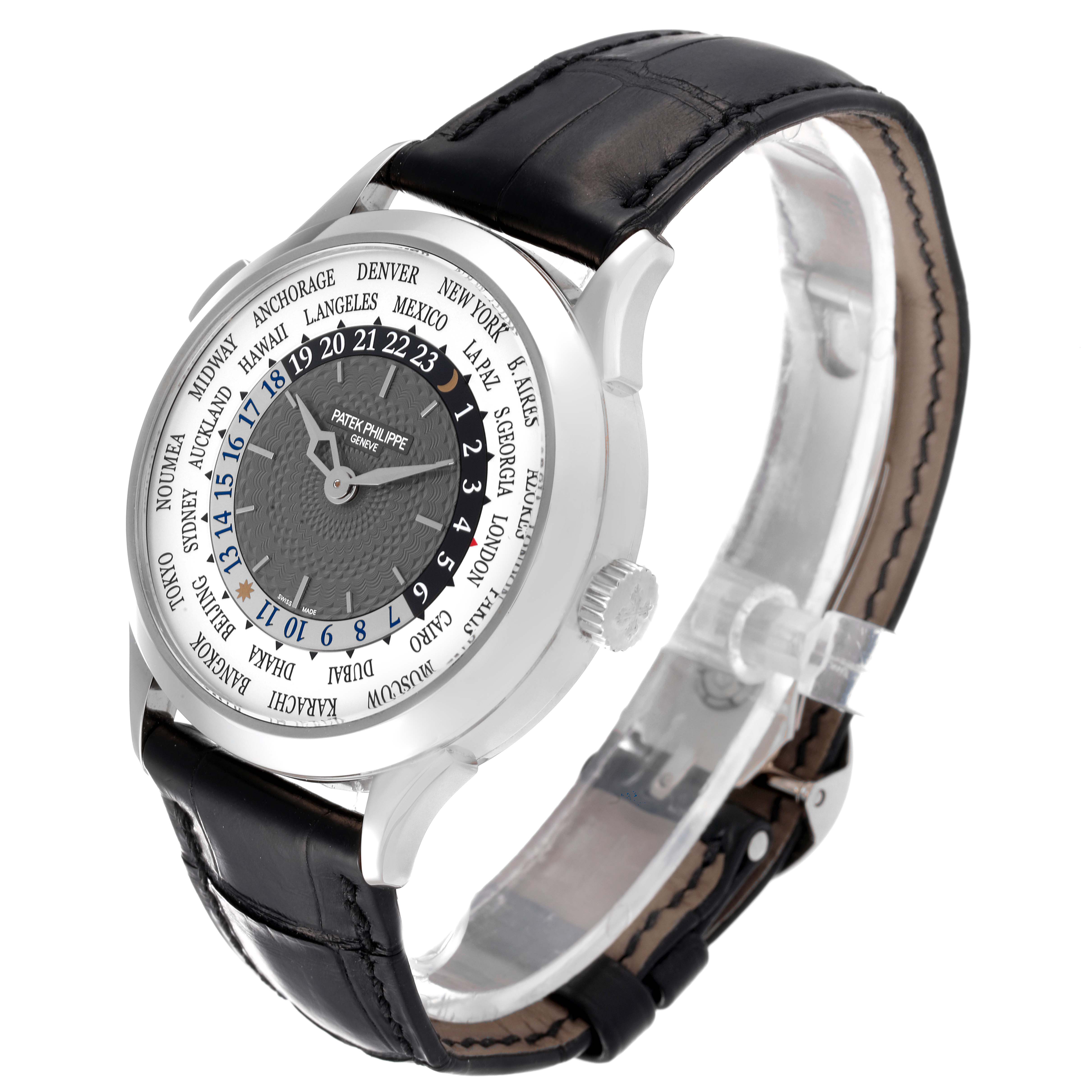 The image shows a side-angle view of the Patek Philippe Complications 5230G-001 Men
s White Gold Grey Dial 5230G-001 Men
s White Gold Grey Dial watch, highlighting the dial, case, crown, and leather strap.