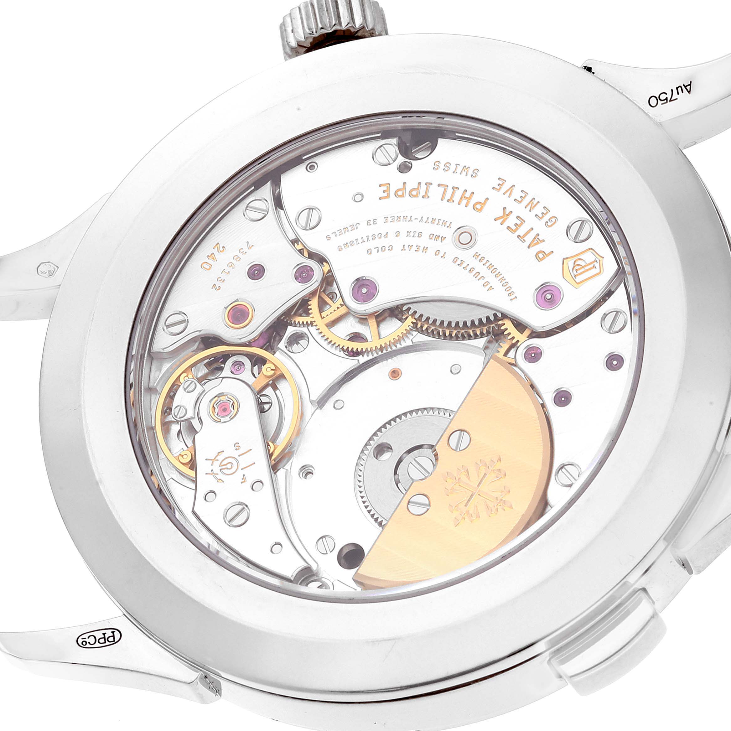 This image shows the back view of a Patek Philippe Complications 5230G-001 Men
s White Gold Grey Dial 5230G-001 Men
s White Gold Grey Dial watch, highlighting its intricate mechanical movement.