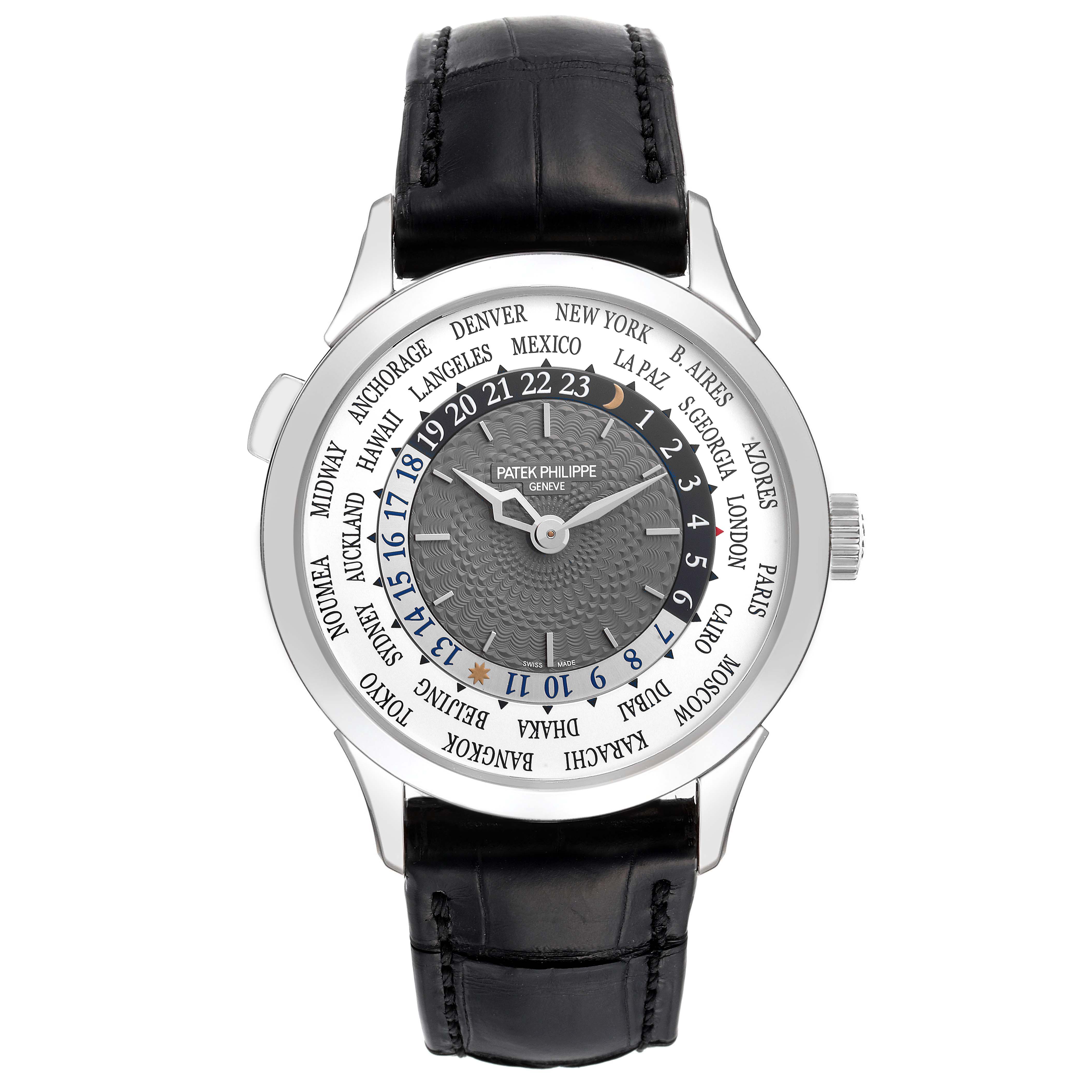 The image shows a front view of a Patek Philippe Complications 5230G-001 Men
s White Gold Grey Dial 5230G-001 Men
s White Gold Grey Dial model watch, displaying its dial, case, and leather strap.
