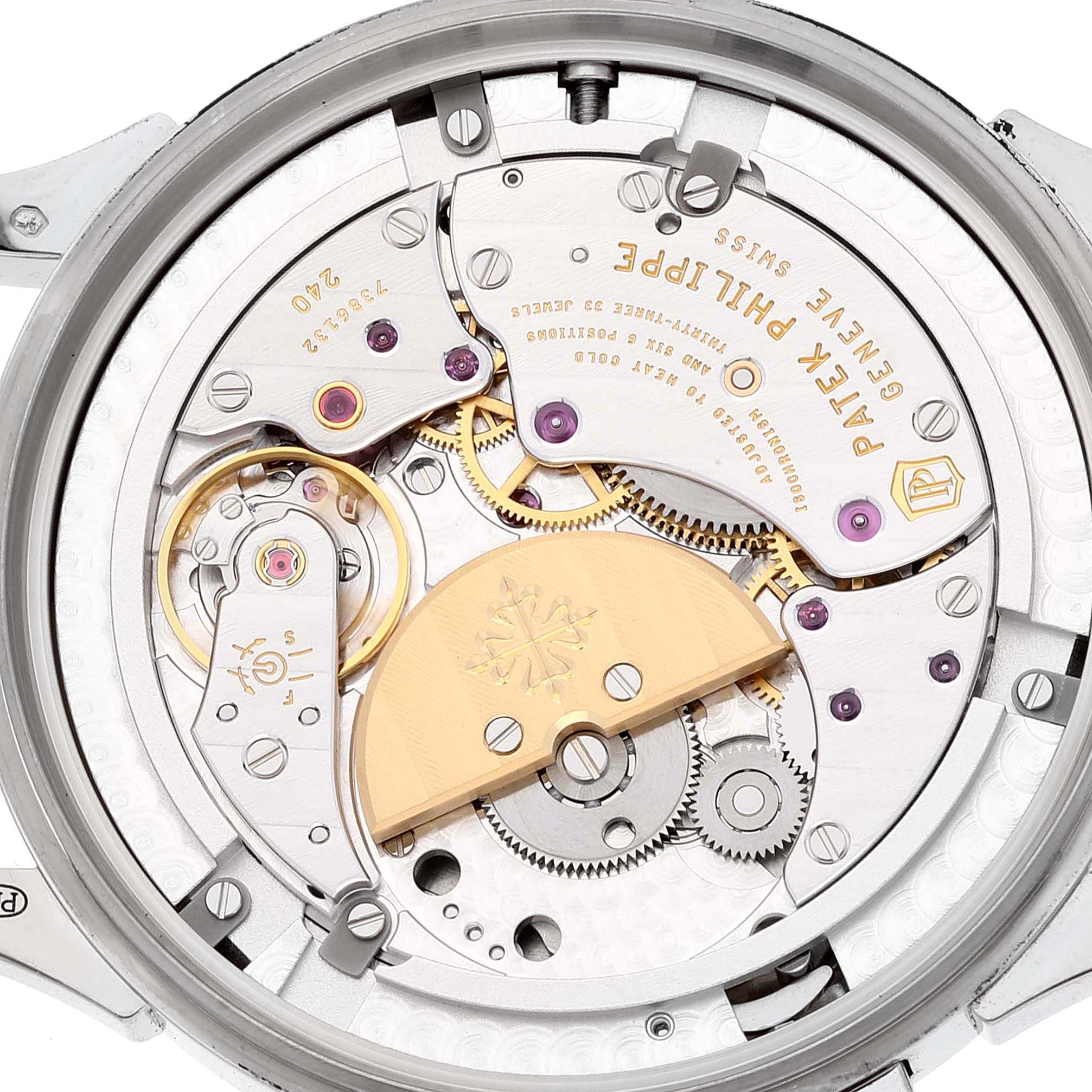 This image shows a detailed view of the movement components of a Patek Philippe Complications 5230G-001 Men
s White Gold Grey Dial 5230G-001 Men
s White Gold Grey Dial watch.